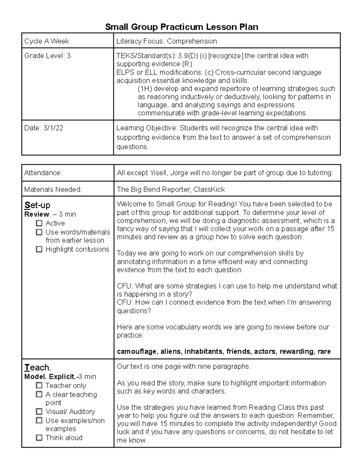 Lesson Plan 1 - Small Group Practicum Lesson Plan Cycle A Week Literacy ...