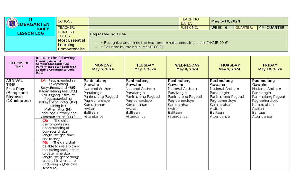 DLL-MELC-WK36 - Daily Log Lesson Plan for Kindergarten ...