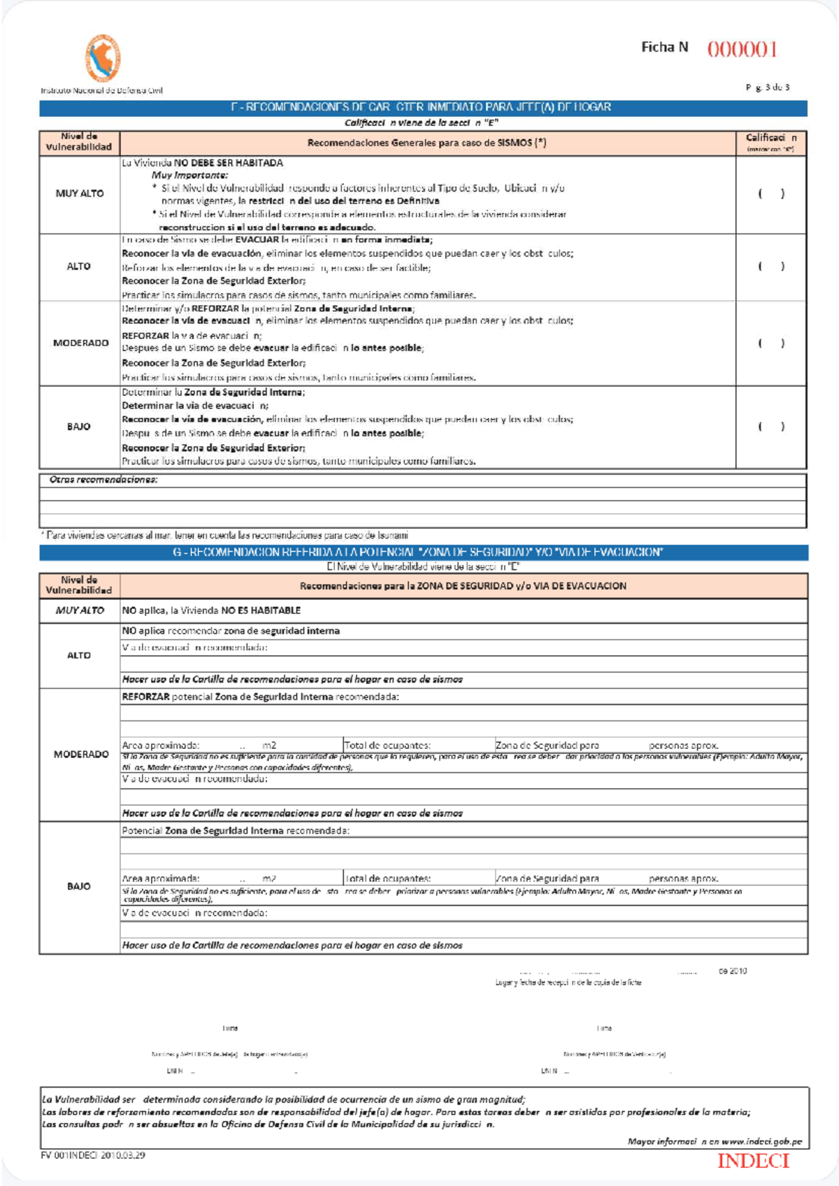 Ficha N° de Vulnerabilidad para Sismos - INDECI - Document Preview