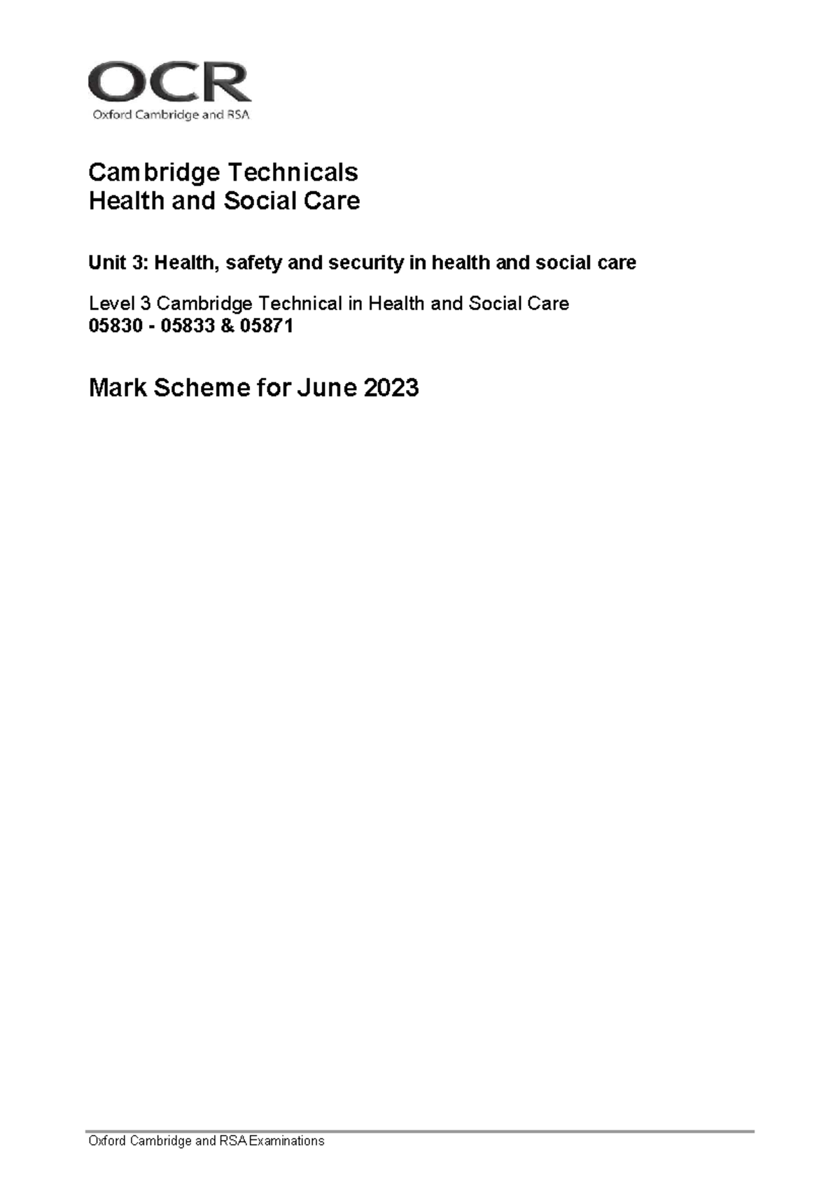Unit 3 Mark Scheme: Health, Safety & Security in Health and Social Care ...