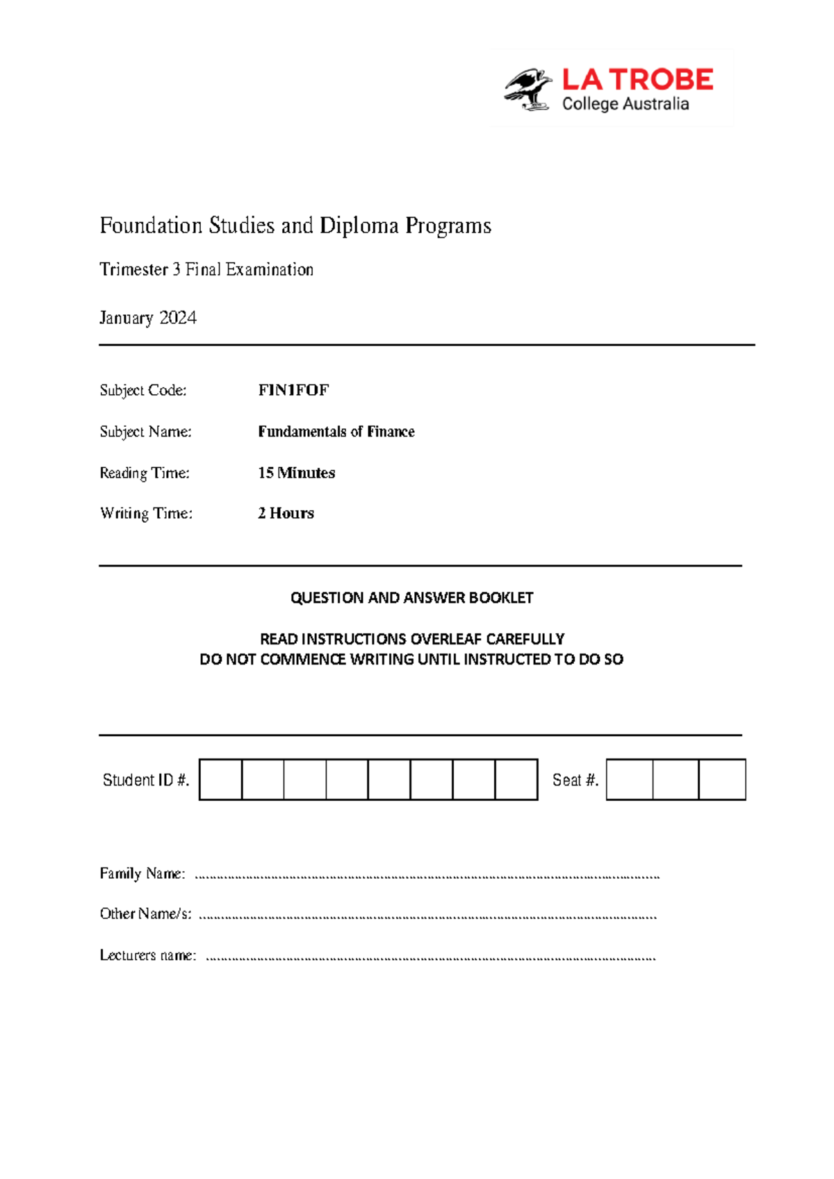 Final Exam Solutions for FIN1FOF: Fundamentals of Finance T3 2023 - Studocu