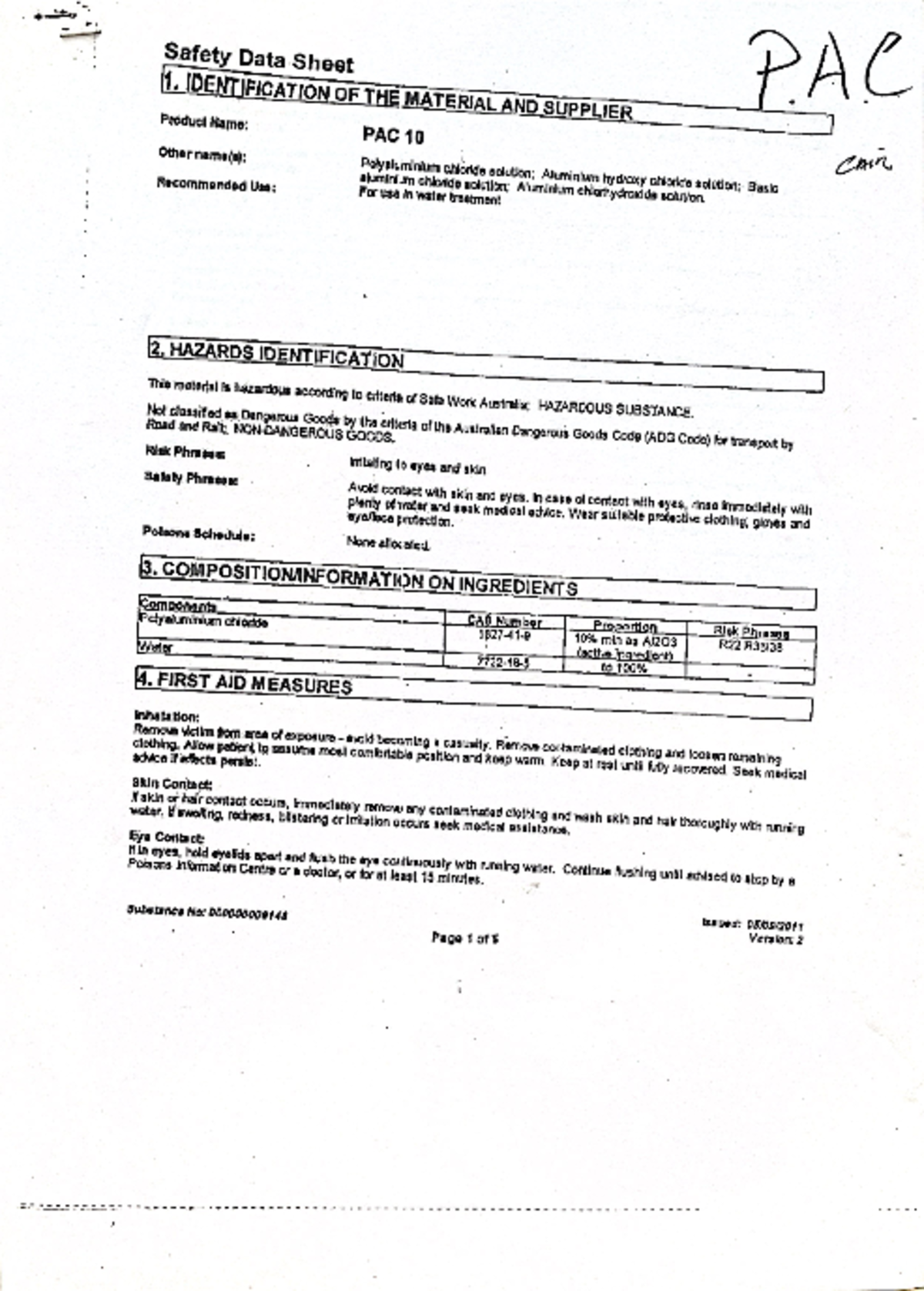 Safety Data Sheet PAC: Comprehensive Information on PAC 10 CAIR - Studocu