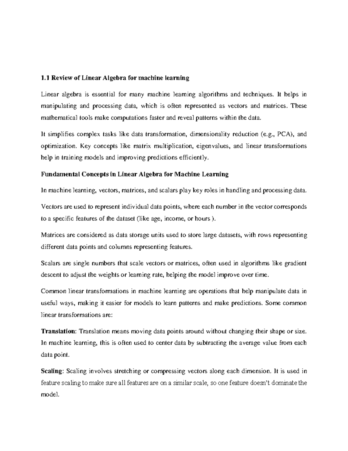 Linear Algebra for Machine Learning: Lecture Notes (Course Code: 1.1 ...