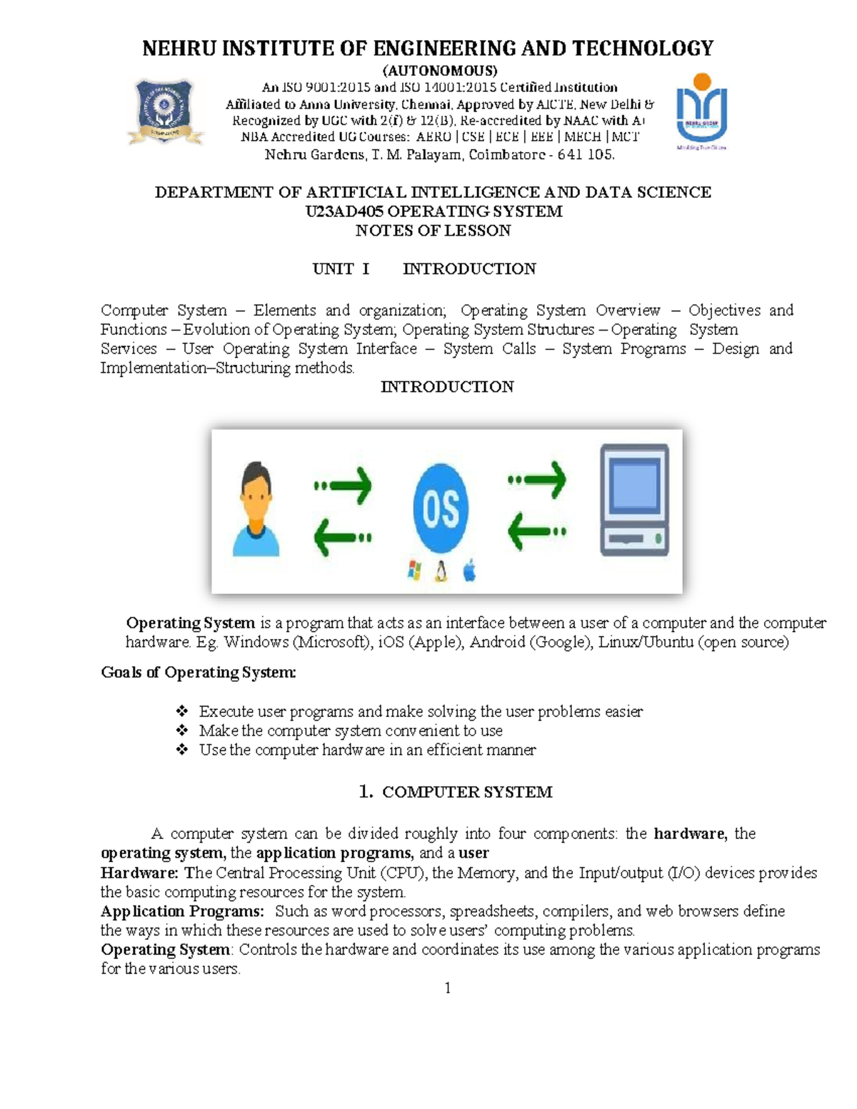 UNIT1 - operating system - NEHRU INSTITUTE OF ENGINEERING AND ...