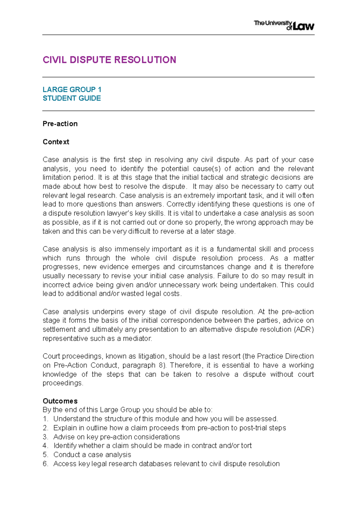 CIVIL DISPUTE RESOLUTION LARGE GROUP 1 STUDENT GUIDE: Case Analysis ...