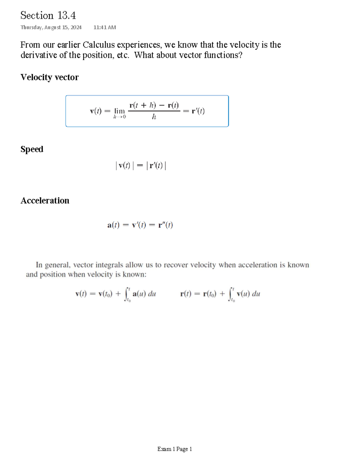 Calculus Exam 1: Vector Functions & Projectile Motion Concepts - Studocu