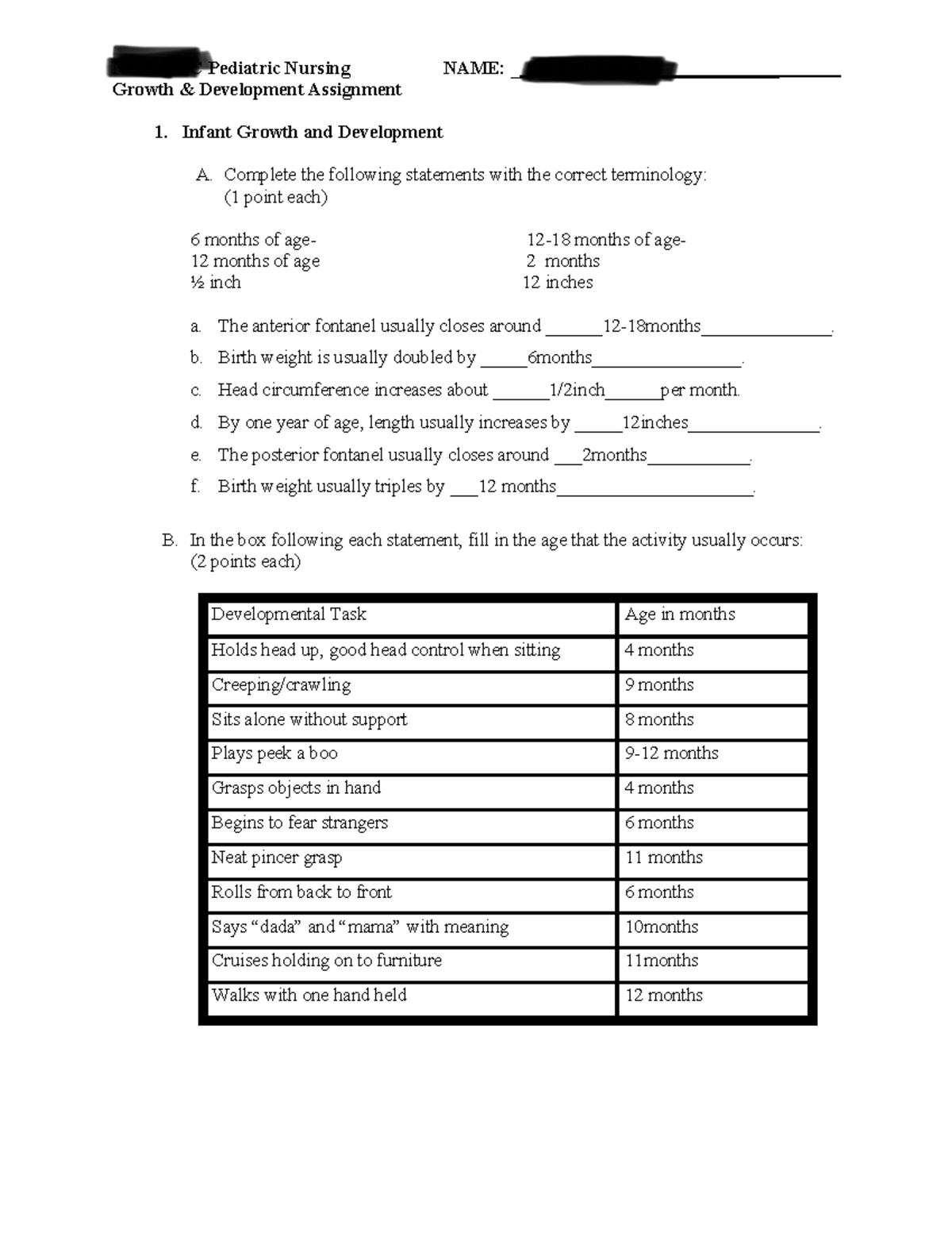 Growth & Development Assignment for NUR2310C Pediatric Nursing - Studocu