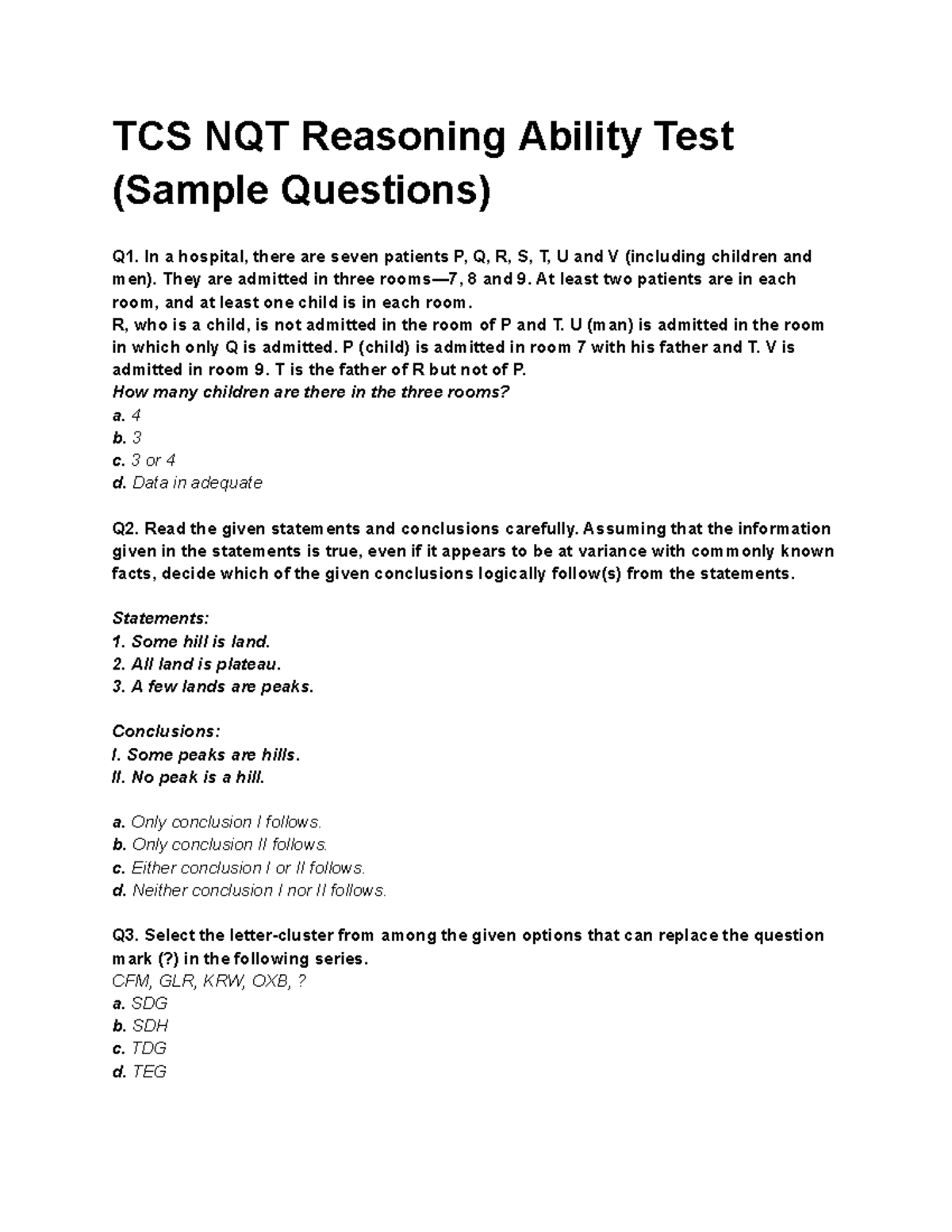 TCS NQT Reasoning Ability Test: Sample Questions & Solutions - Studocu