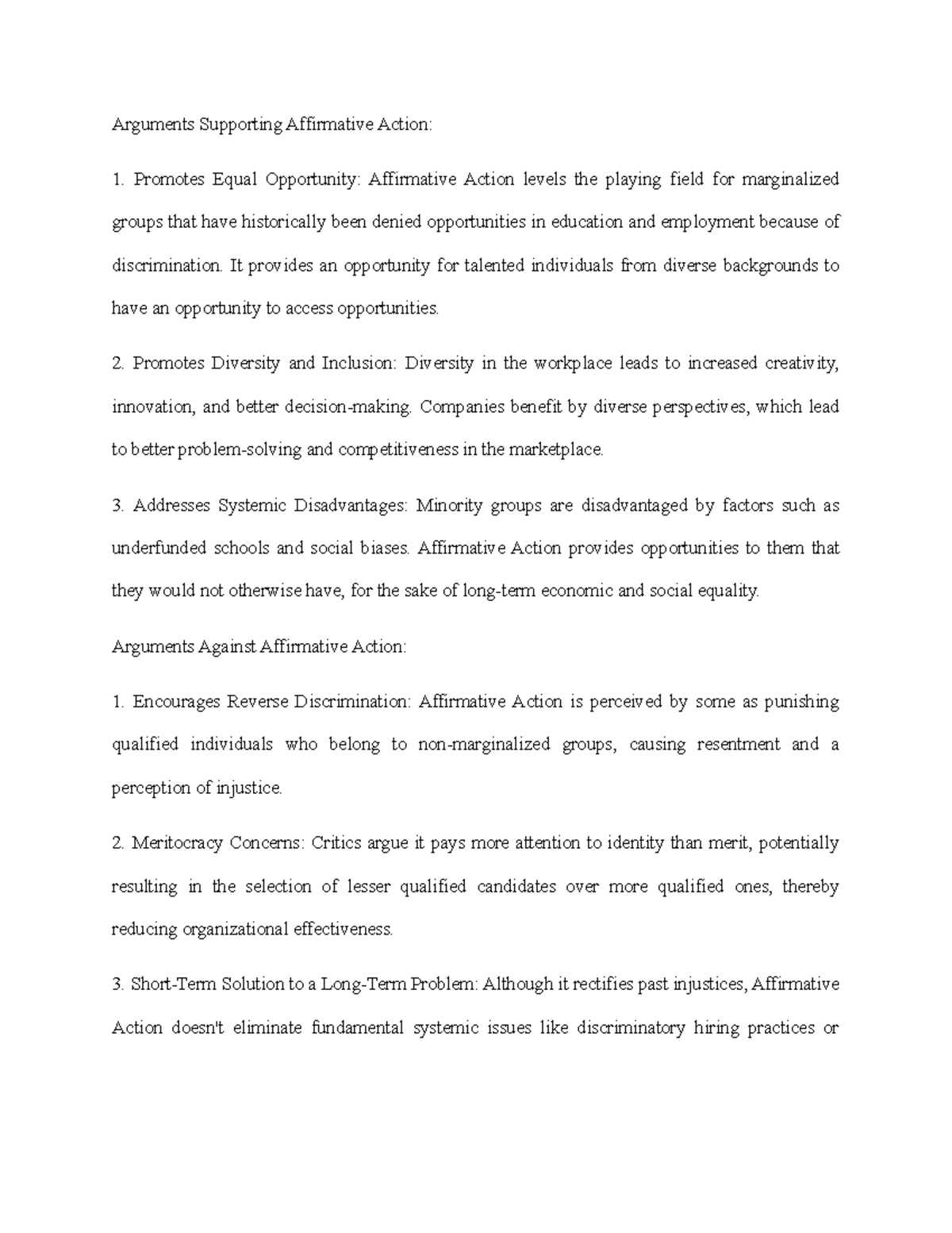 KB - Study notes - case study - Arguments Supporting Affirmative Action ...