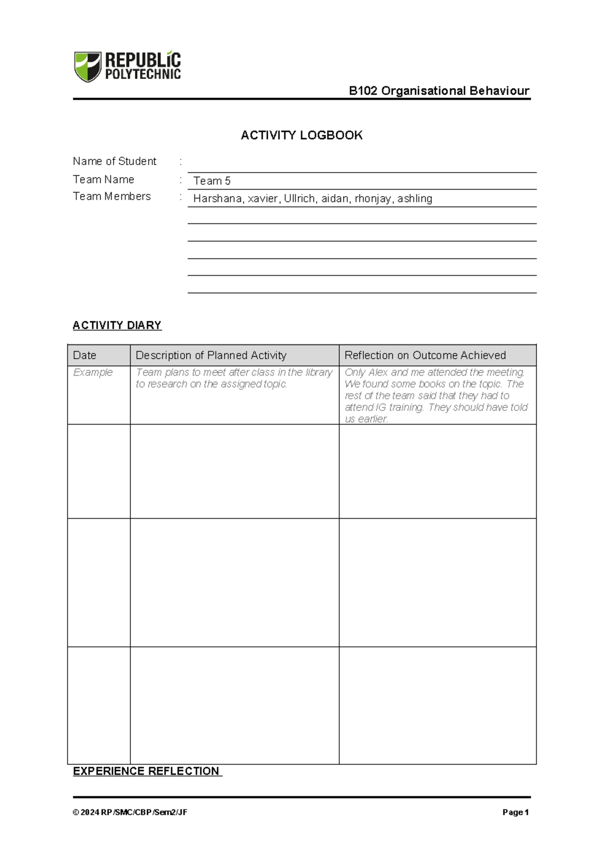 B102 Organizational Behaviour Team 5 Activity Log Book - Studocu
