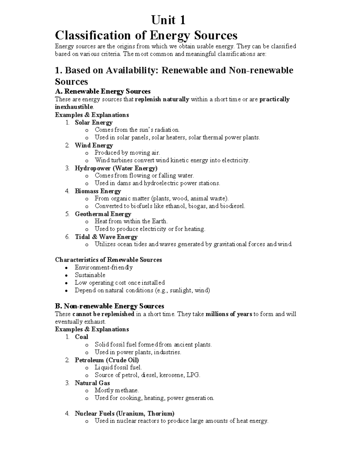 Unit 1 - Classification of Energy Sources and CO₂ Emissions Impact ...