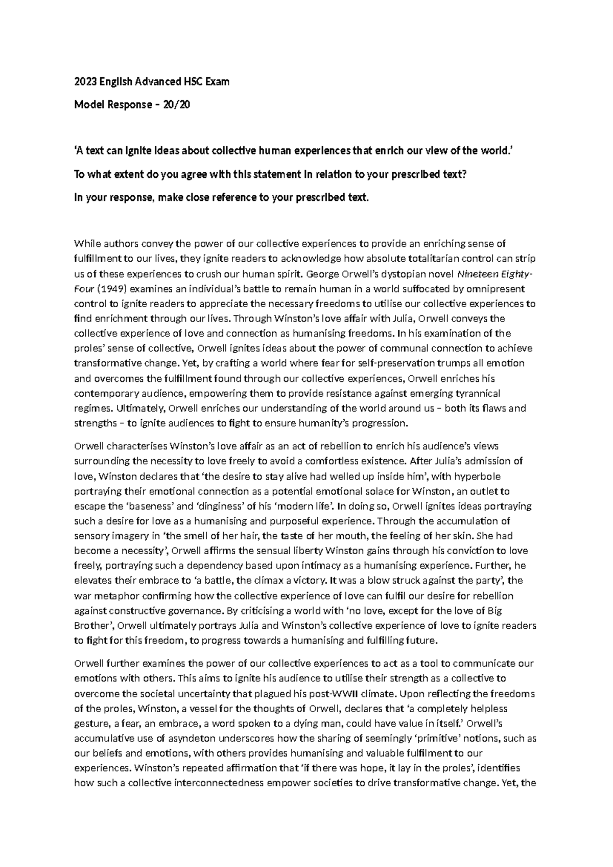 2023 English Advanced HSC Exam Model Essay on Orwell's 1984 - Studocu