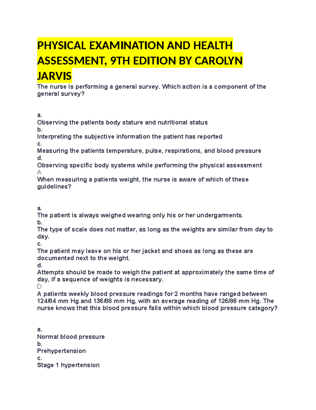 Physical Exam & Health Assessment Review (NUR 101) - 9th Edition - Studocu