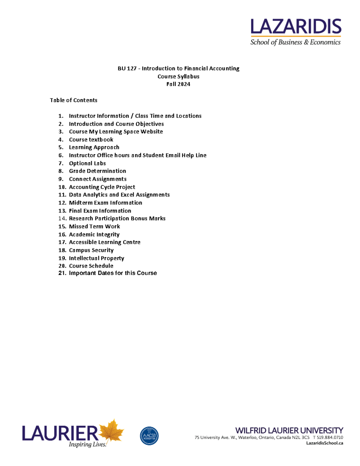 BU 127 Course Outline - Fall 2024 - Introduction to Financial ...