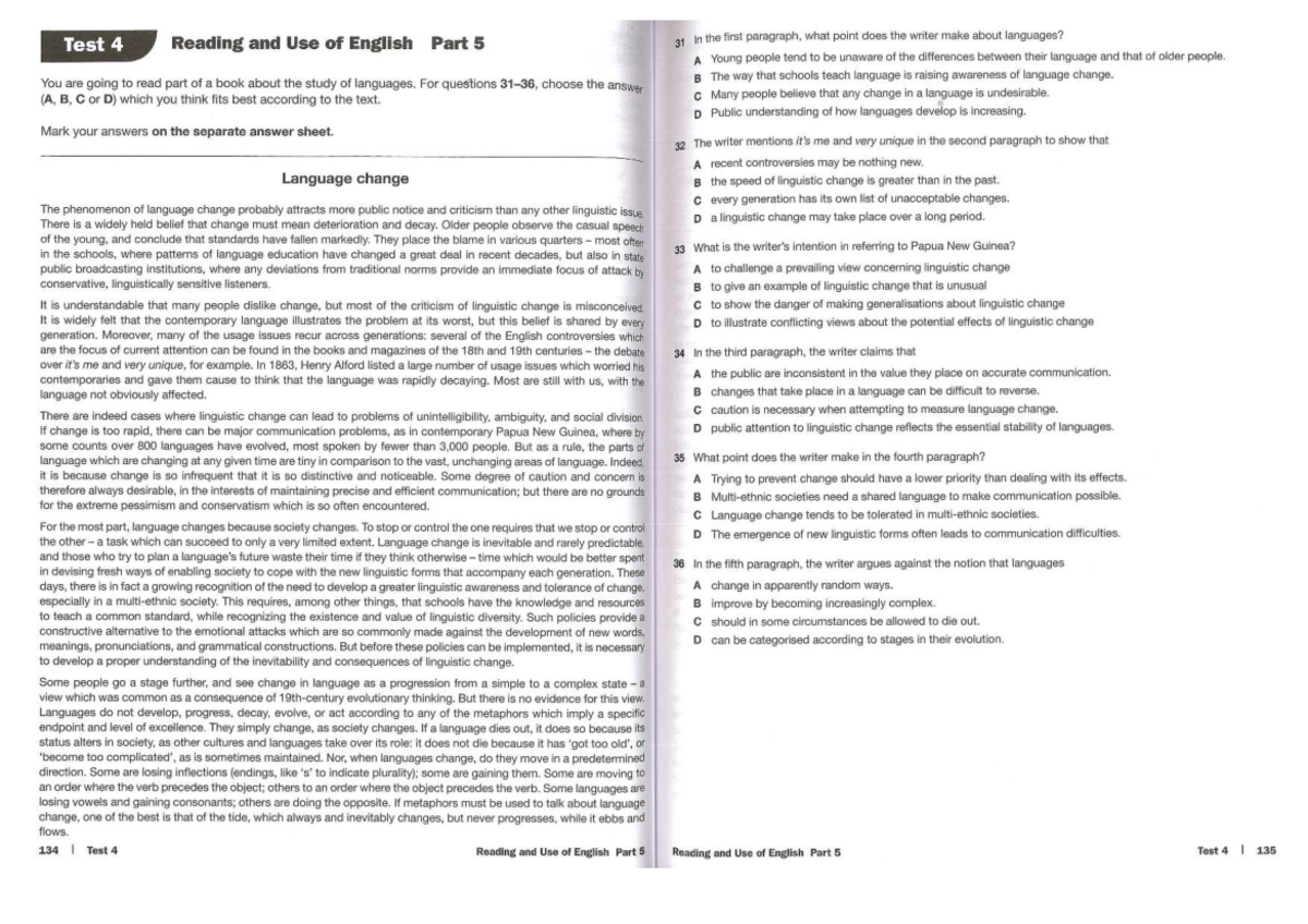 FCE Test 4 Reading and Use of English: Comprehensive Guide - Studocu
