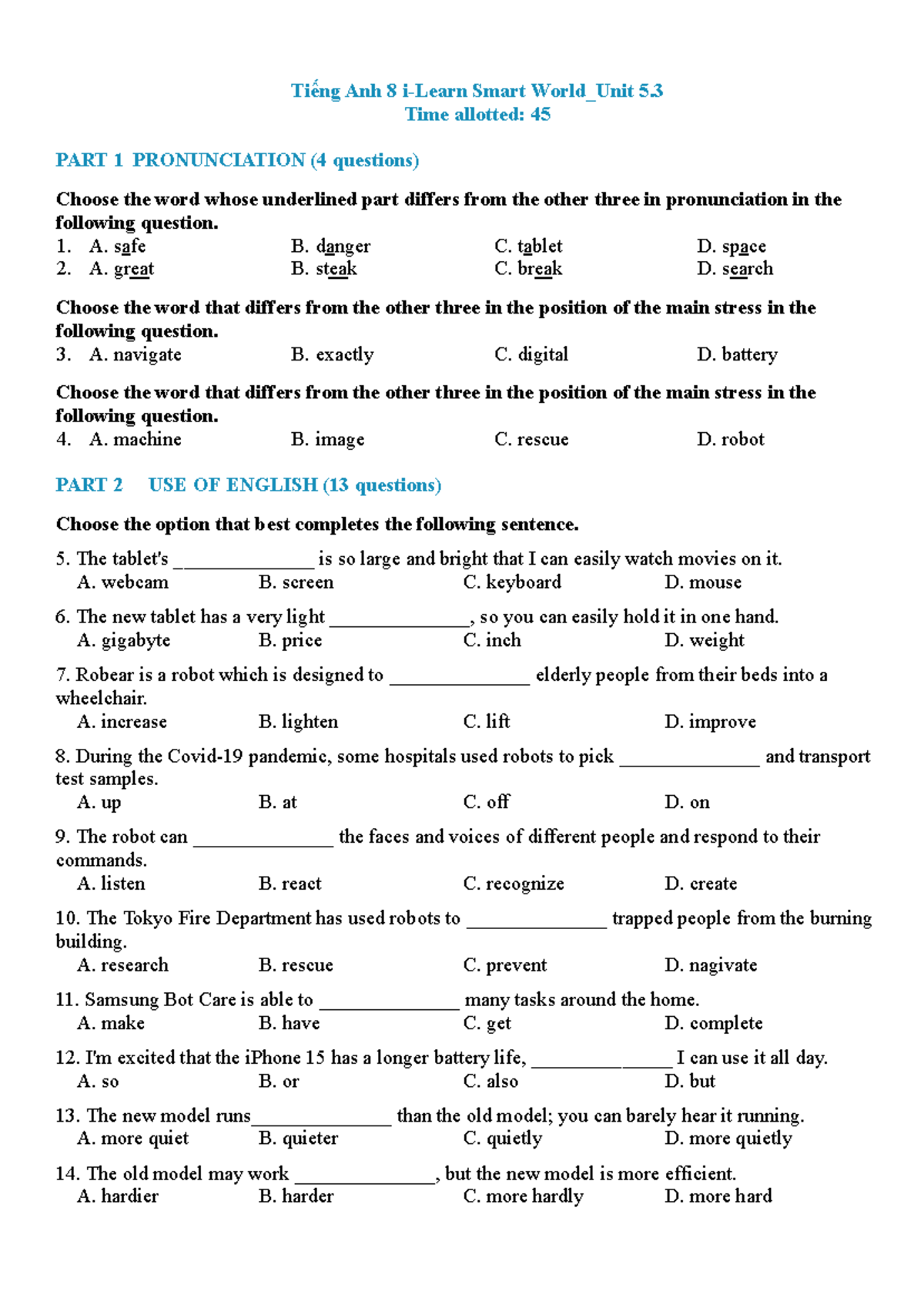Tiếng Anh 8 Smart World - Unit 5 Exam Preparation - Studocu