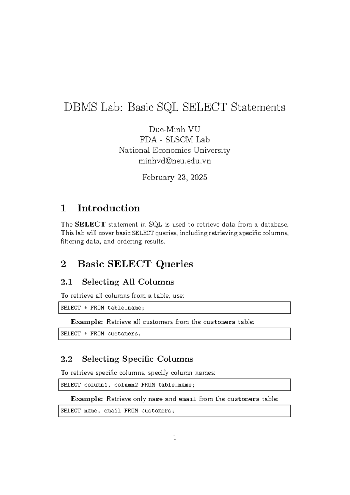 DBMS Lab: Basic SQL SELECT Statements VU FDA SLSCM Lab Notes - Studocu