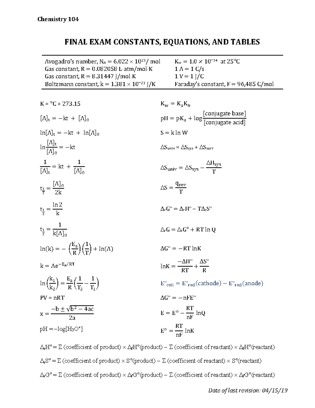 Final Exam Equations Sheet - Chemistry 104 Date of last revision: 04/15 ...