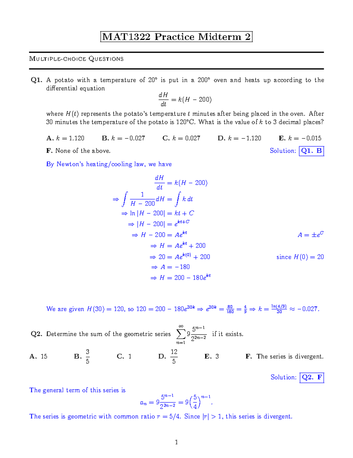 MAT1322 Practice Midterm 2 Solutions and Explanations - Studocu