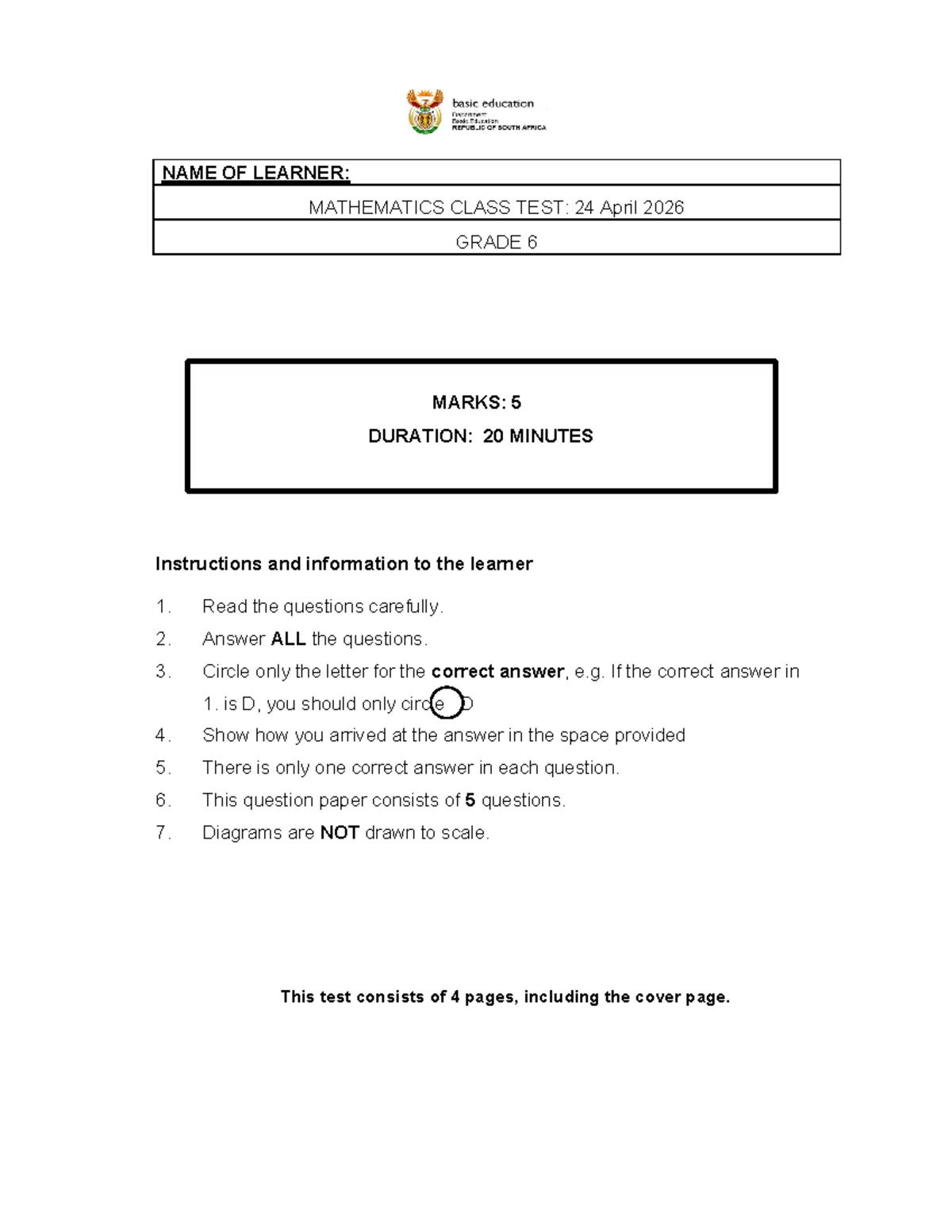 Grade 6 Mathematics Class Test - 24 April 2026 - Studocu