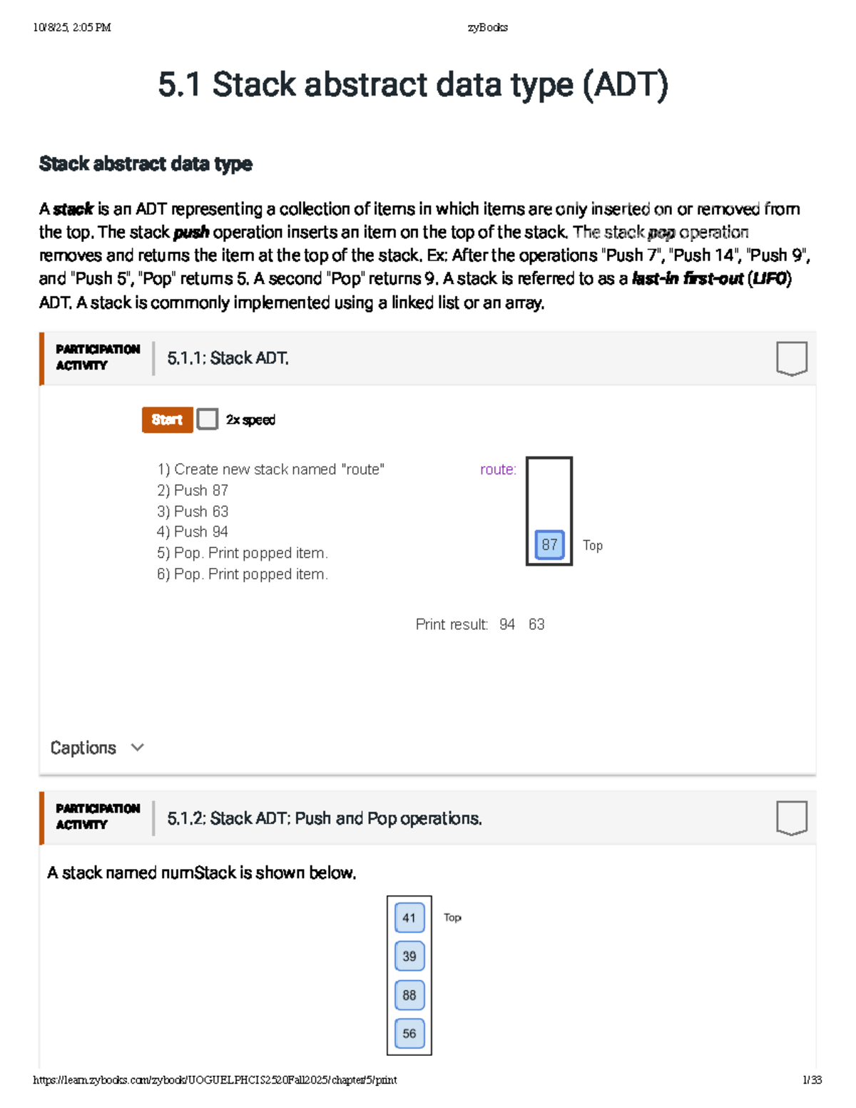 zyBooks 5.1 Stack ADT Overview and Operations - UOGUELPHCIS2520 Fall ...