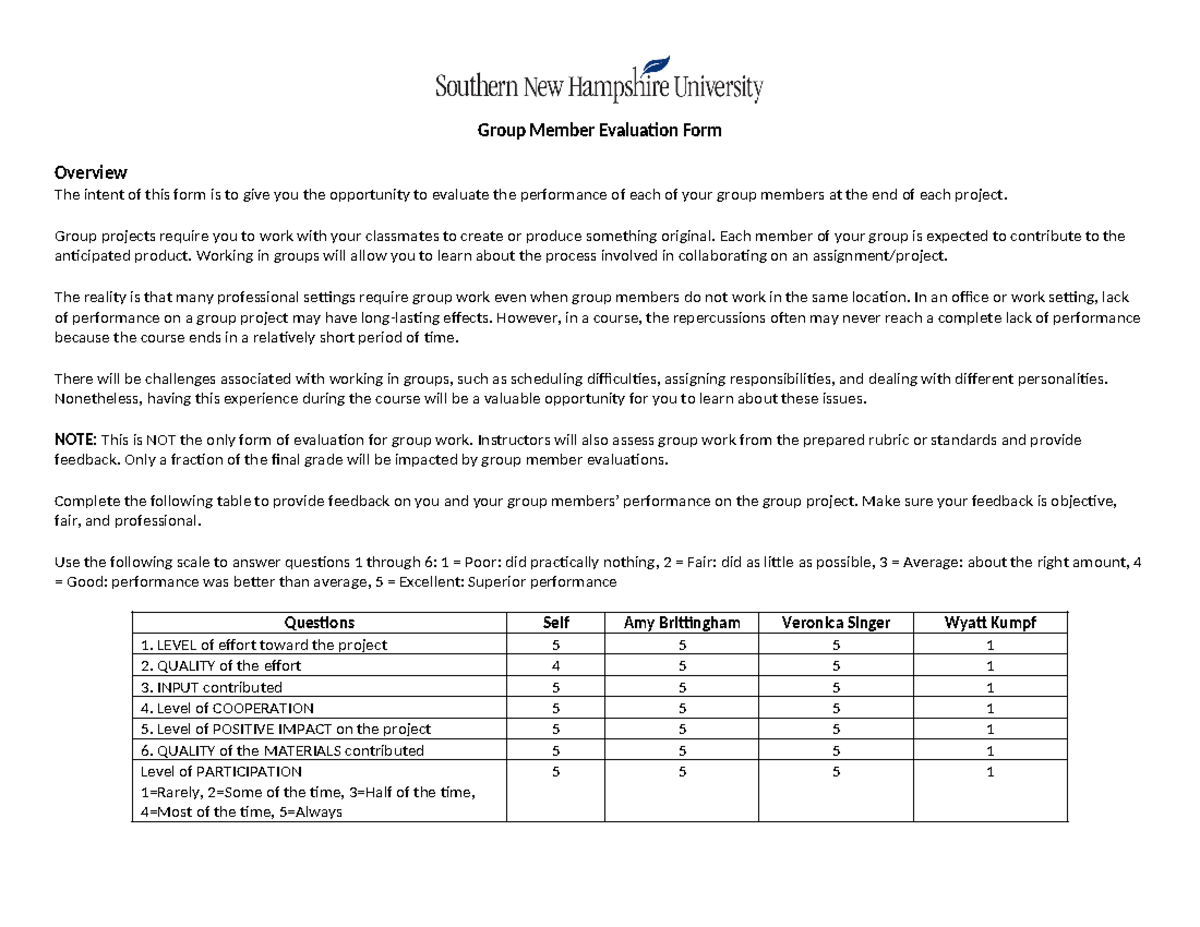Group Member Evaluation - Group projects require you to work with your ...