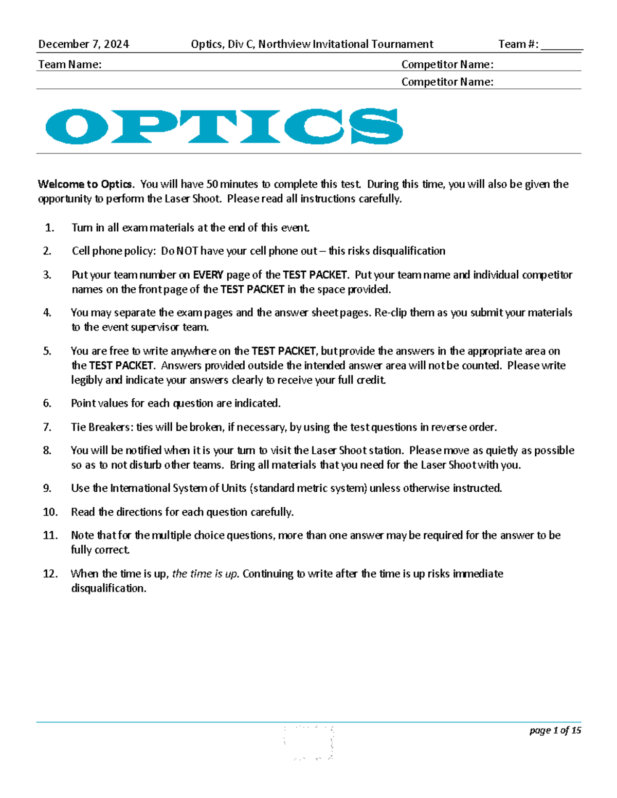 Optics Competition Key - Instructions and Answer Guidelines - Studocu