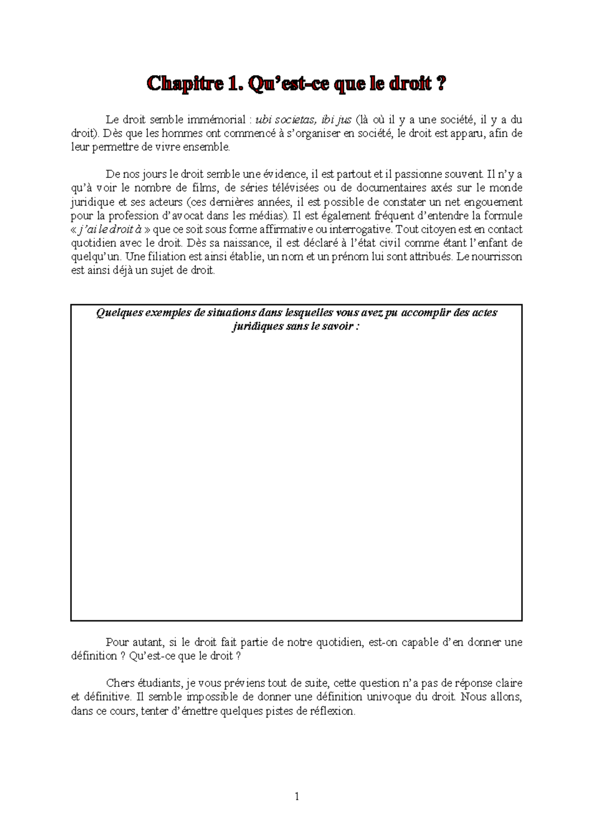Chapitre 1 : Introduction au Droit et ses Notions Fondamentales - Studocu