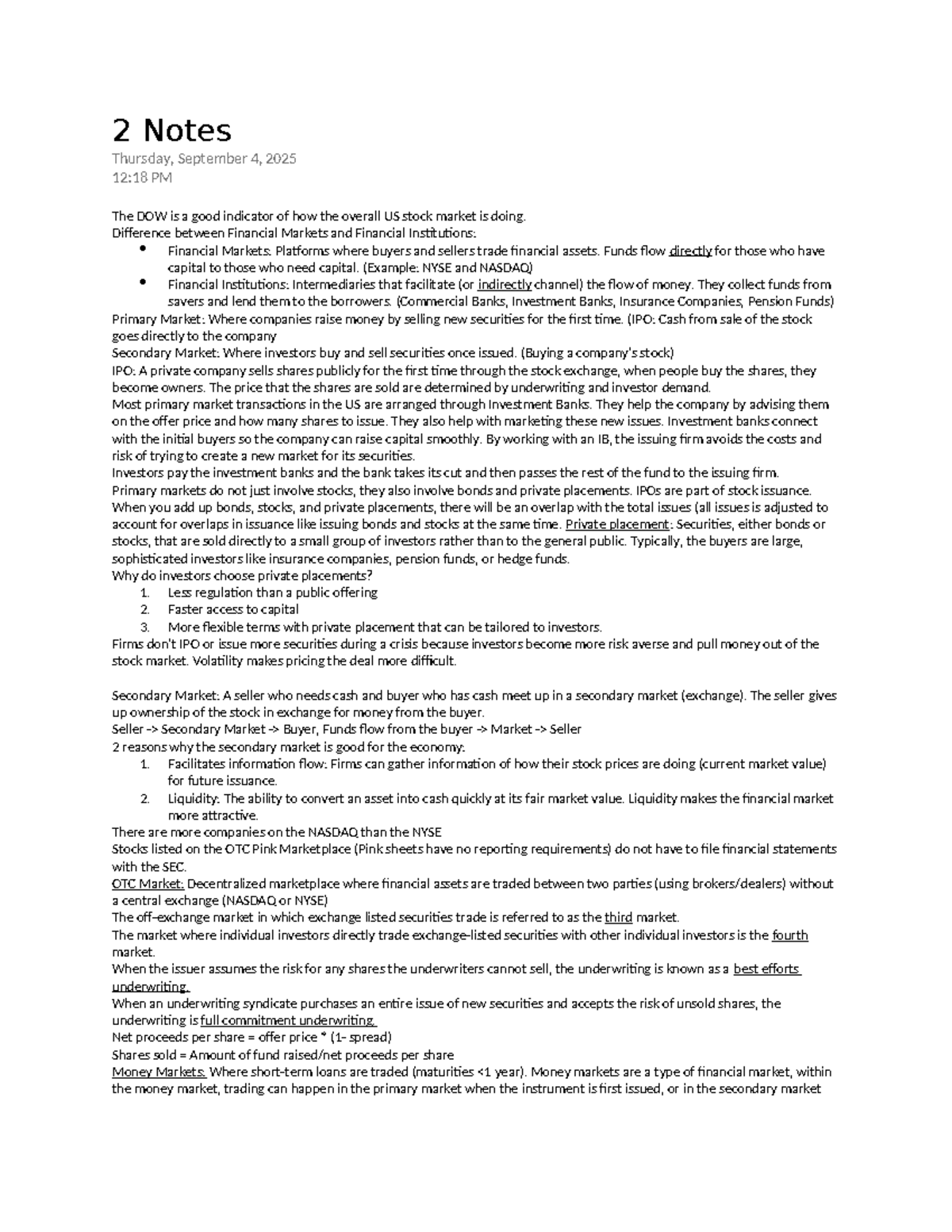 Chapter 2 Notes: Financial Markets vs. Financial Institutions - Studocu