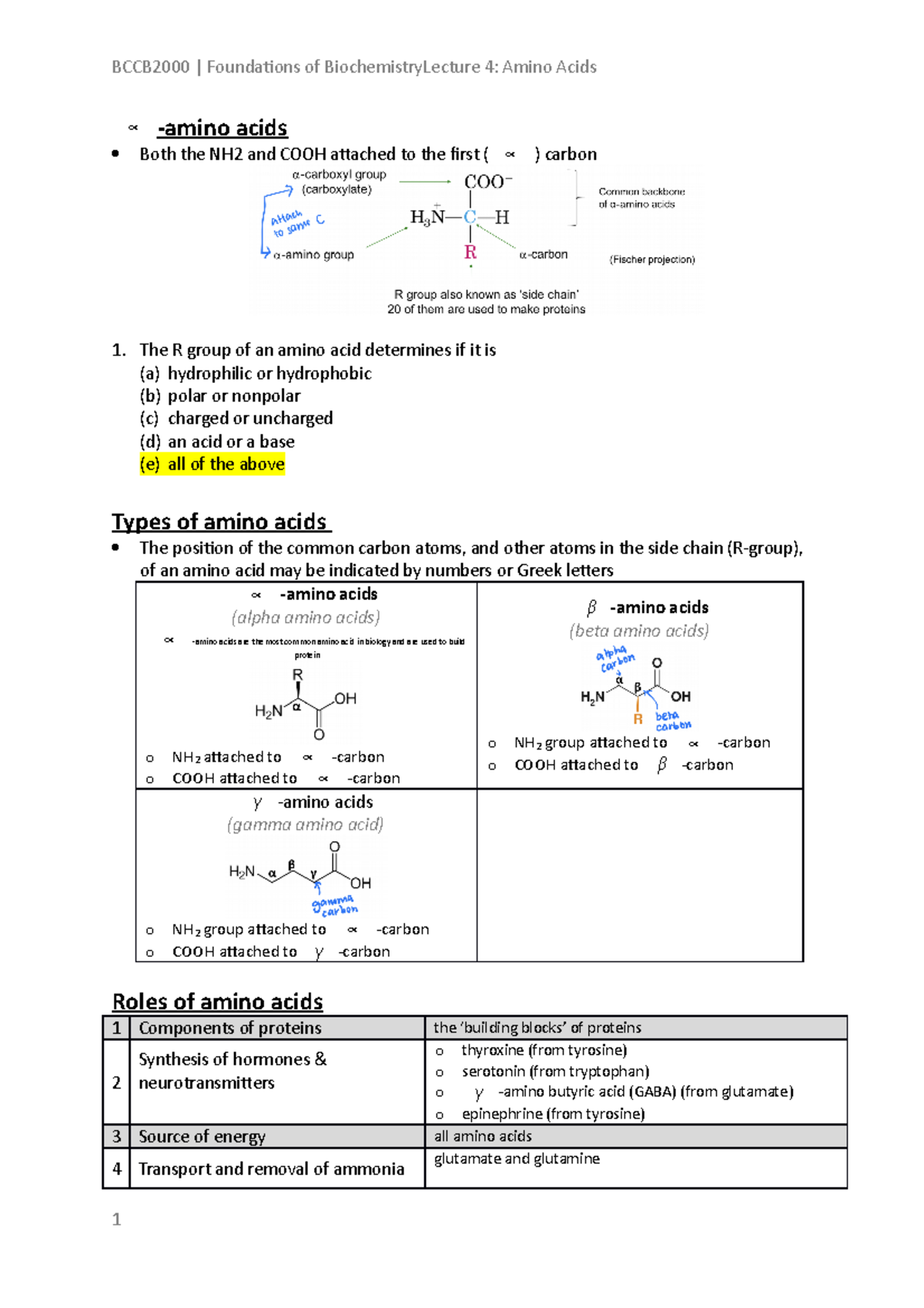 Amino Acids - Lecture Notes for Chemistry 4: Key Concepts and Roles ...
