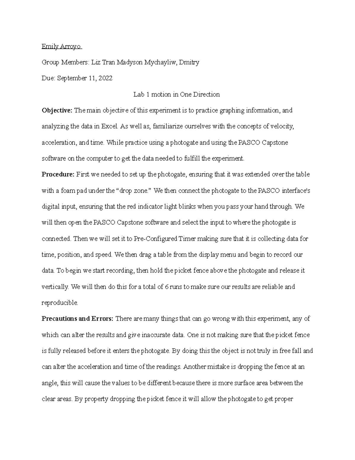 Physics Lab Report: Motion in One Direction (Lab 1) - Studocu