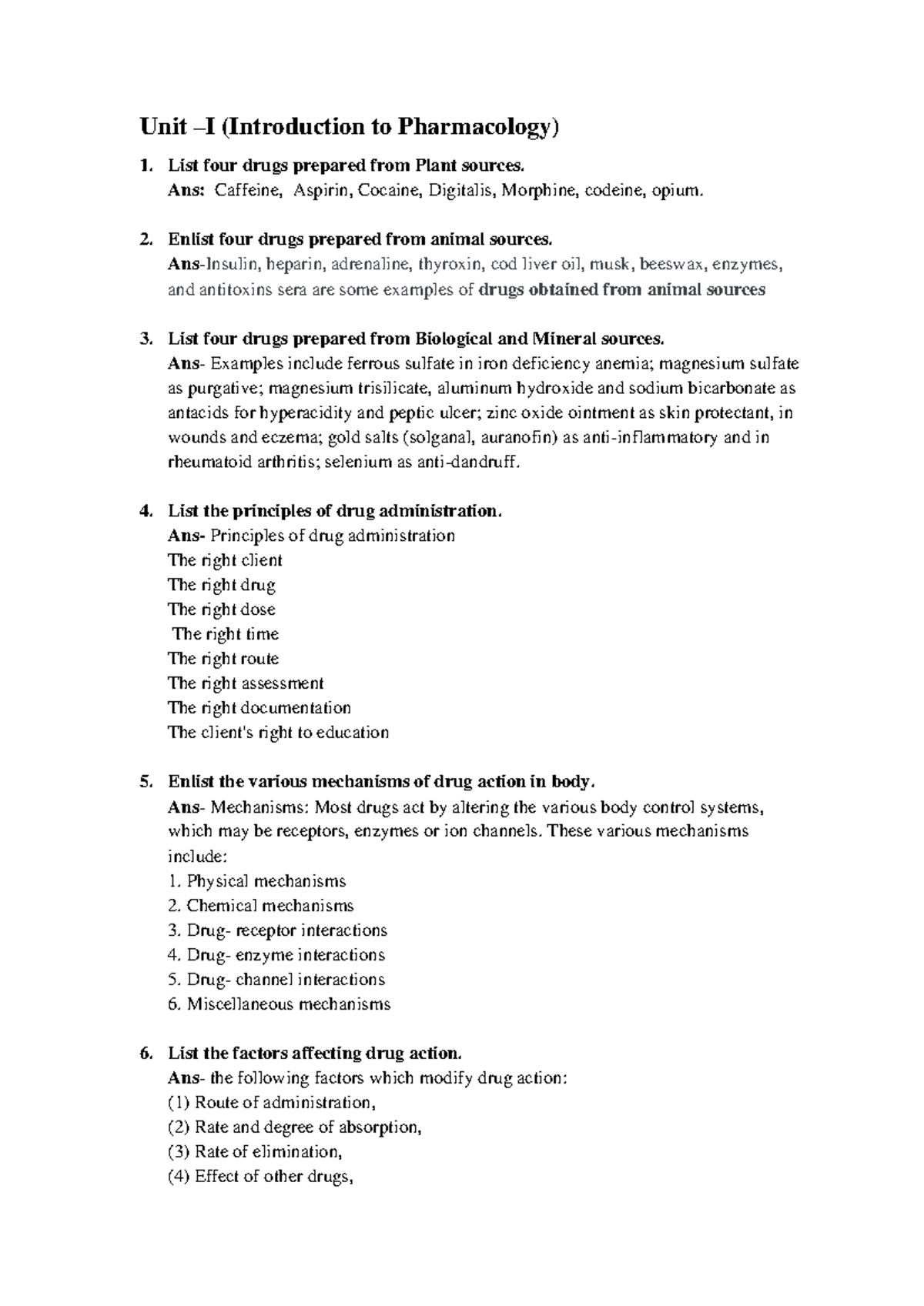 Pharmacology 2 Marks - Key Questions and Answers for Exam Prep - Studocu