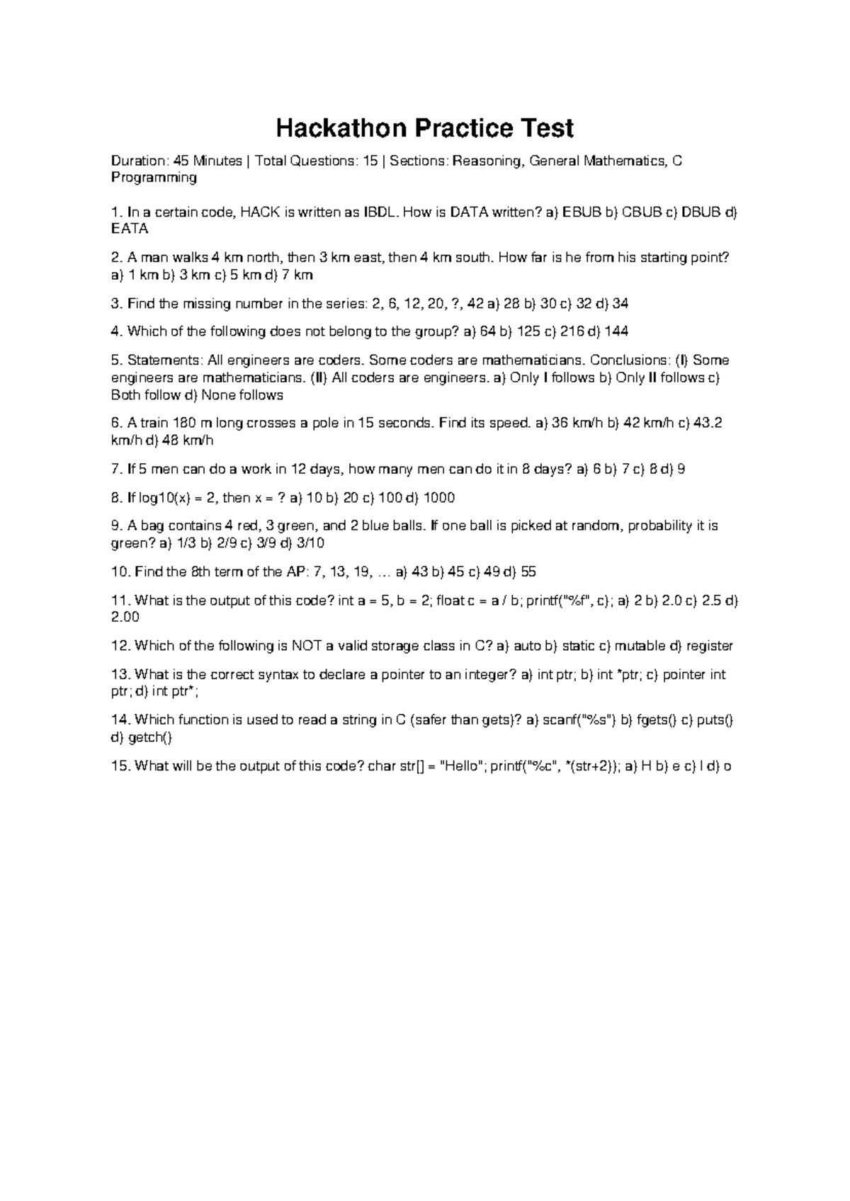 Hackathon Practice Test (Duration: 45 Min, 15 Questions) - Studocu