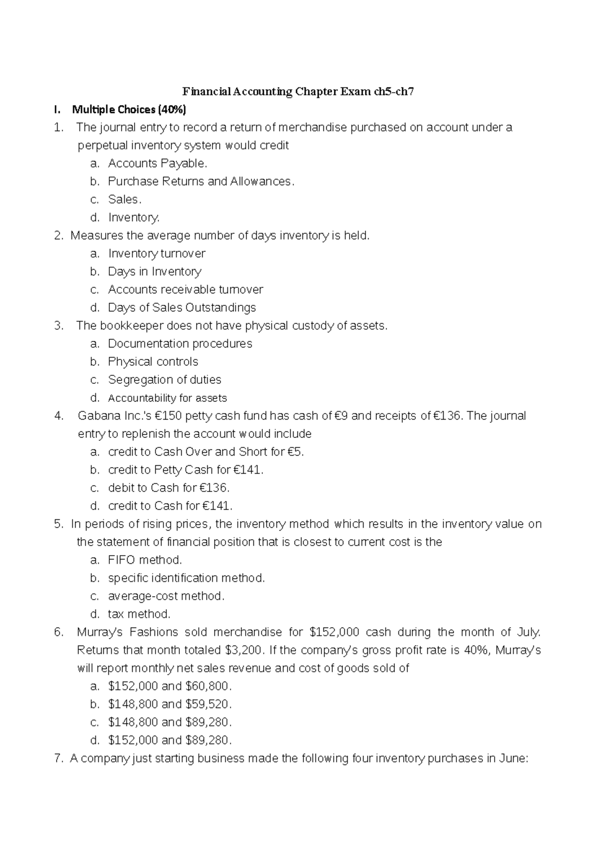 Ch5 Financial Accounting Quiz 解答及問題解釋 - Studocu