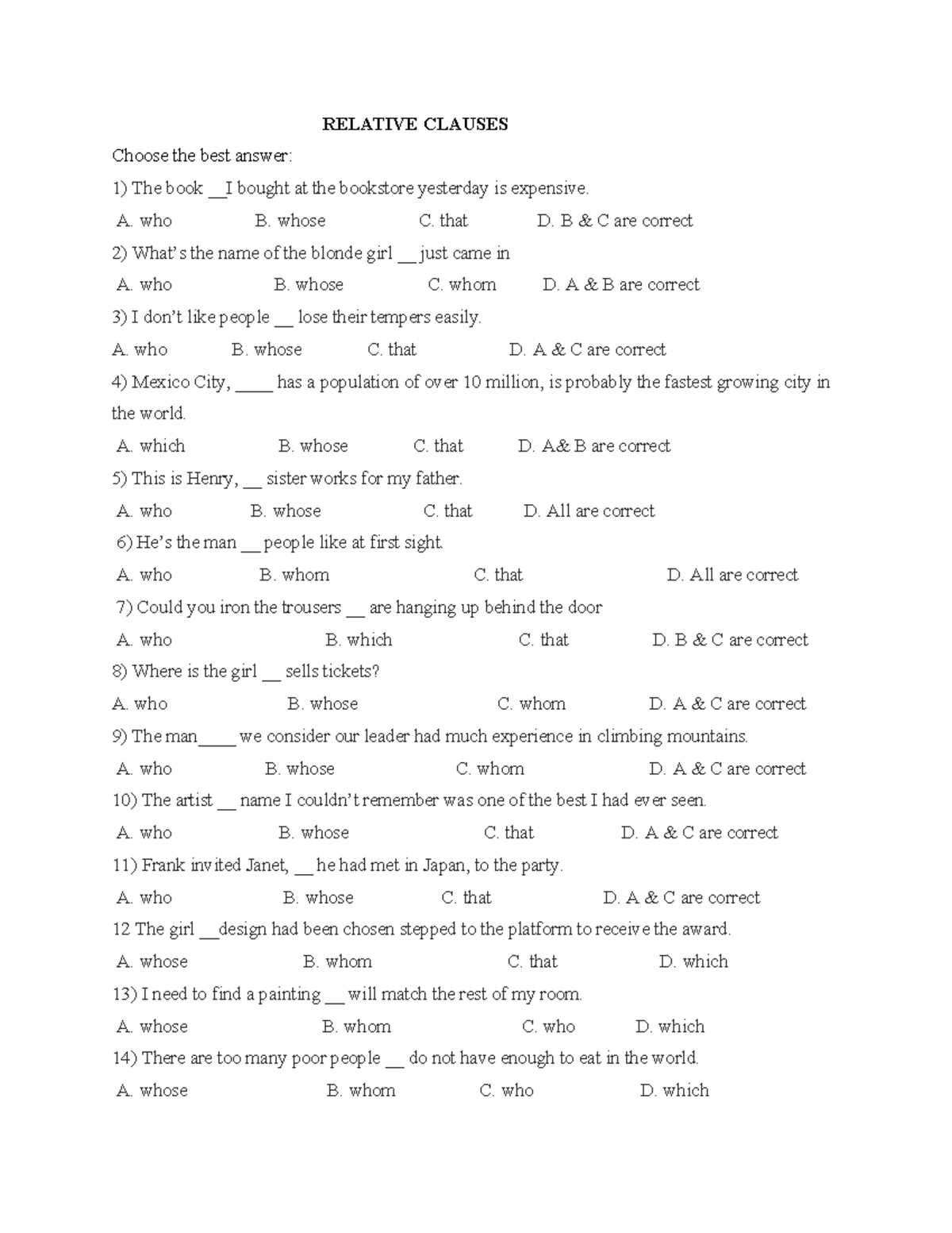 Relative Clauses - RELATIVE CLAUSES Choose the best answer: The book ...