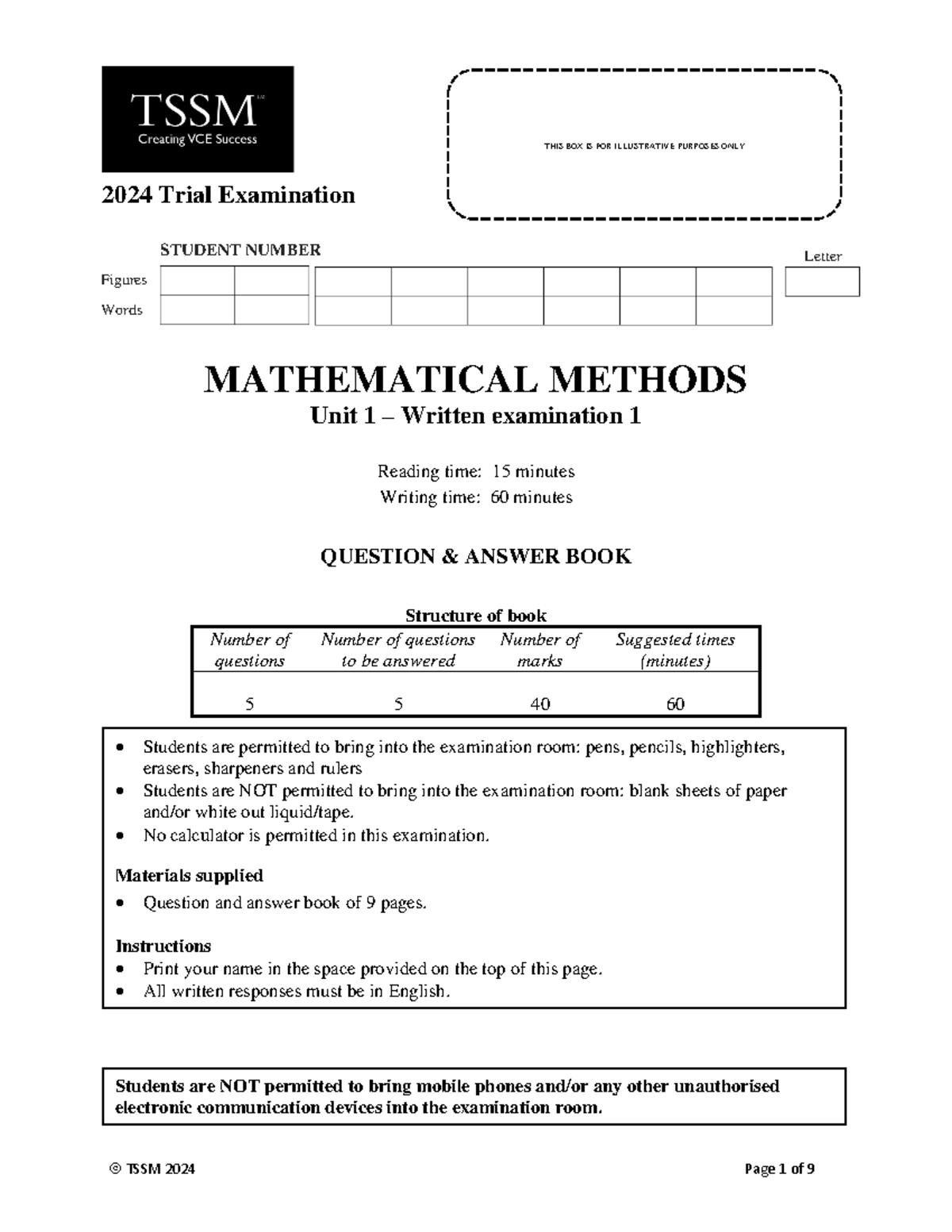 Maths Methods 2024 Unit 1 Trial Exam 1: Question & Answer Book - Studocu