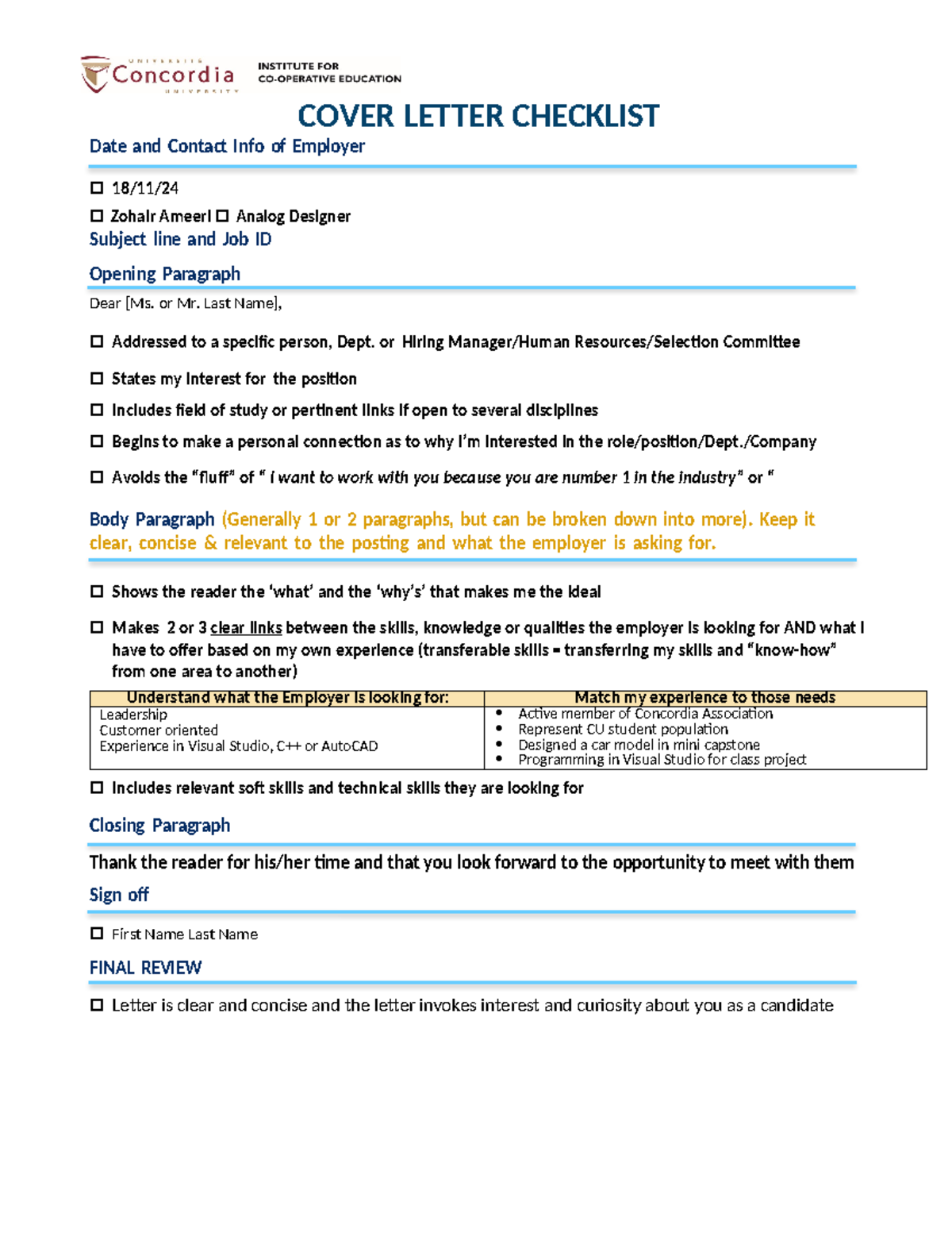 Cover Letter Checklist English - COVER LETTER CHECKLIST Date and ...