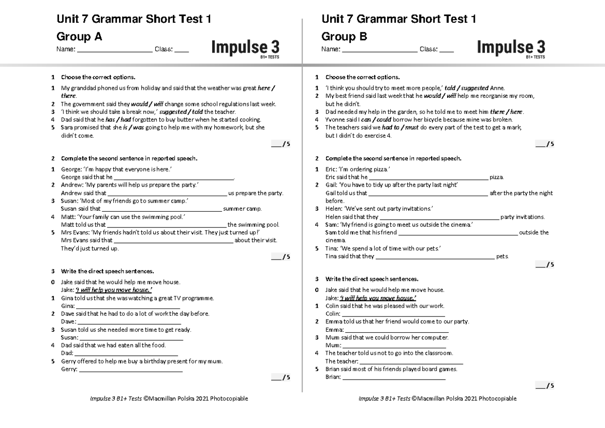 Unit 7 Grammar Short Test 1 A+B - Practice Questions and Answers - Studocu