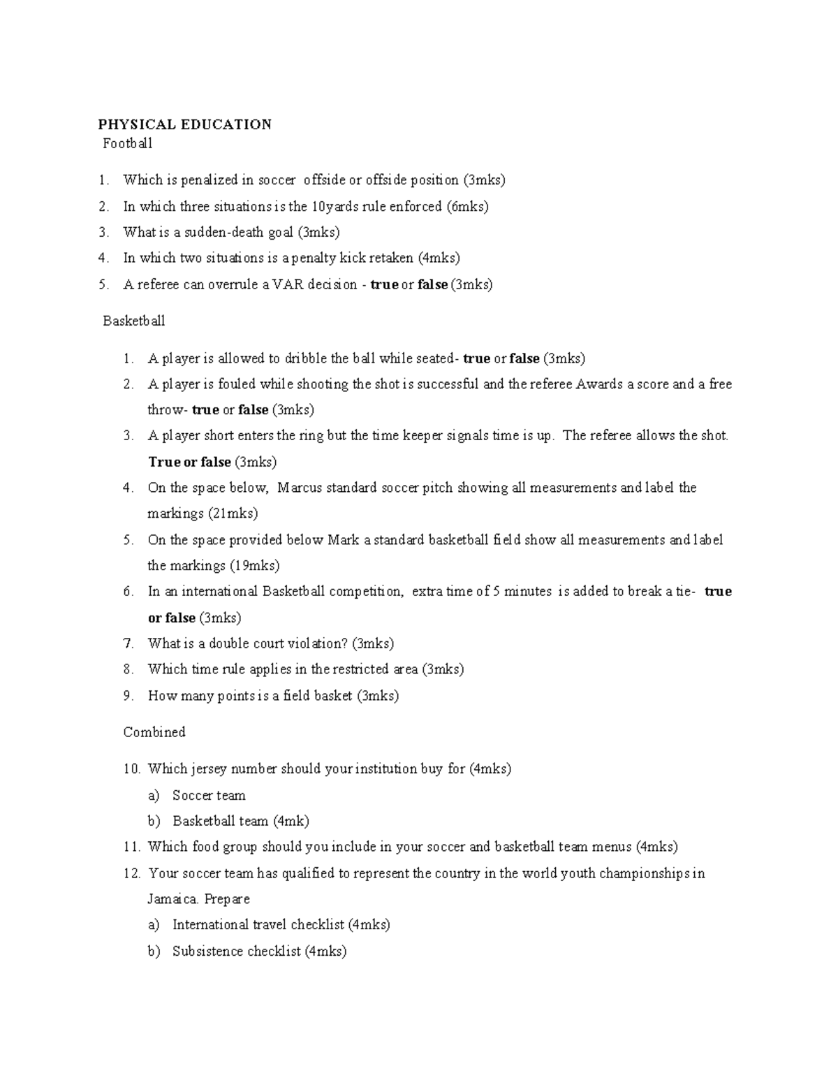 Physical Education (PE) Final Exam: Soccer, Basketball & Volleyball ...