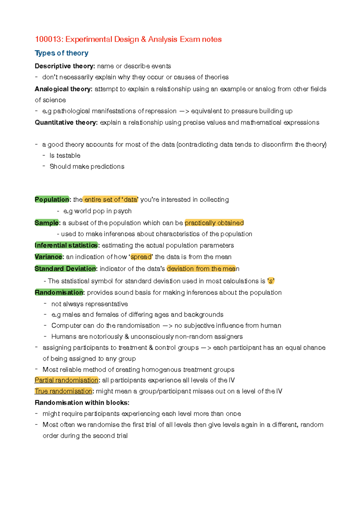 Experimental Design & Analysis (100013) Exam Notes - 100013 ...