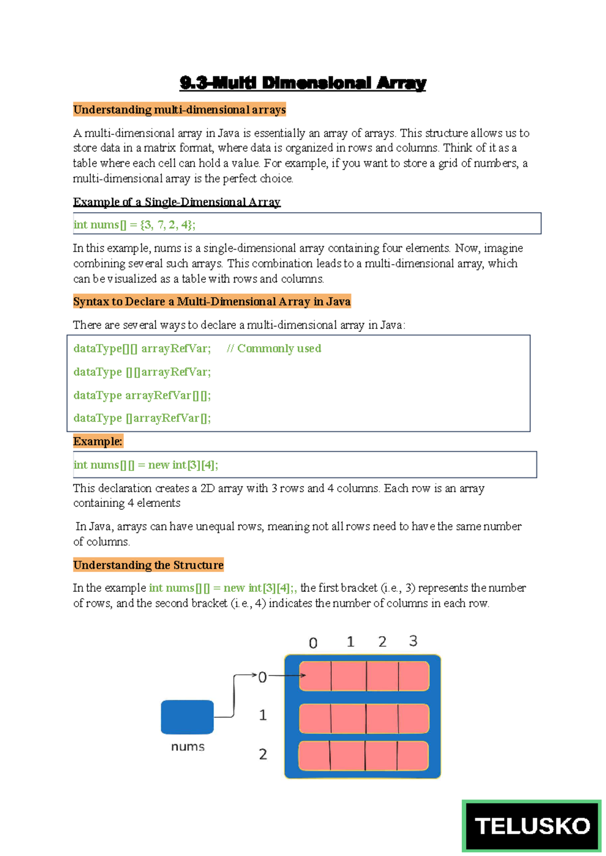 Understanding Multi-Dimensional Arrays in Java (CS101) - Studocu