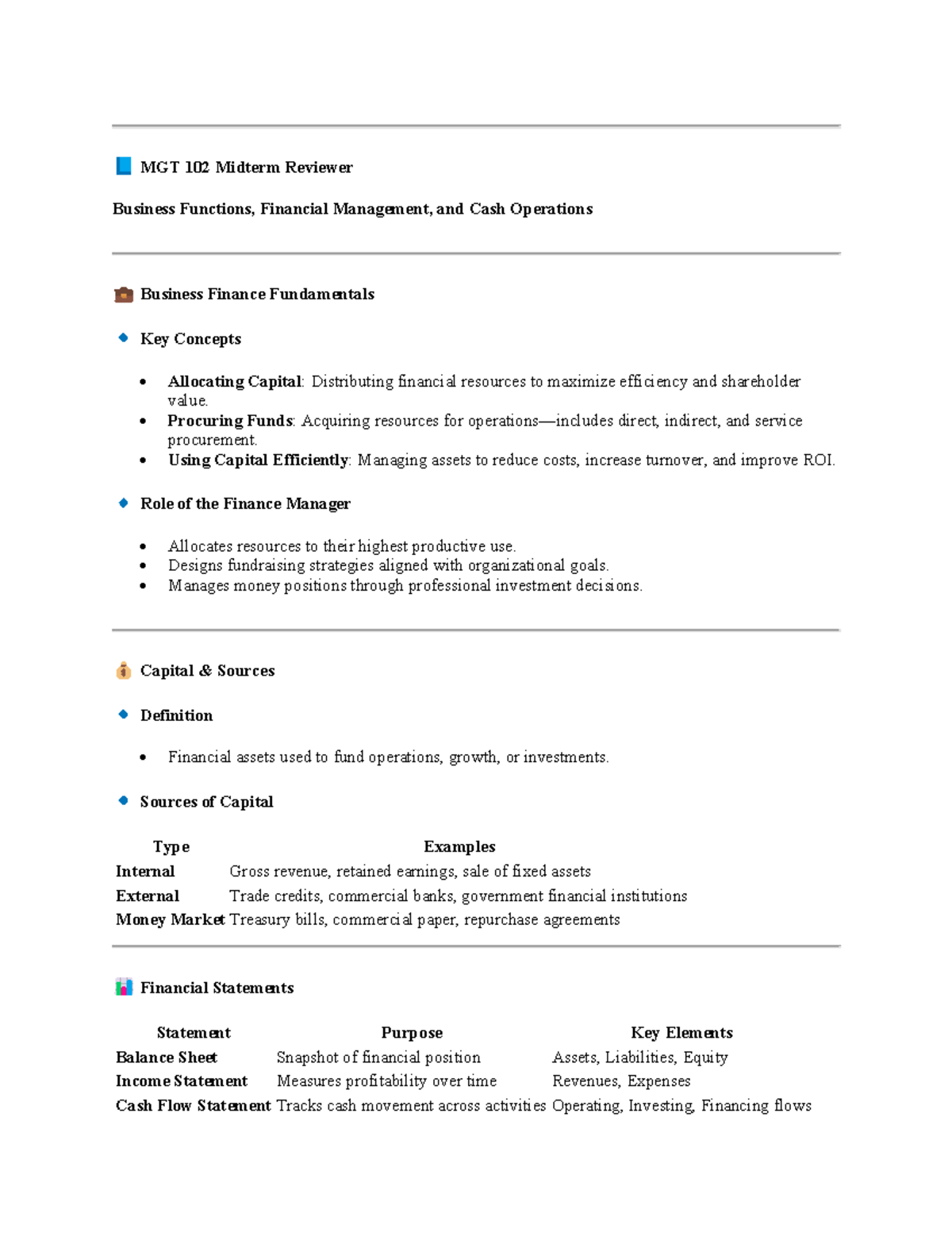MGT 102 Midterm Review: Key Concepts in Business Finance and Management ...
