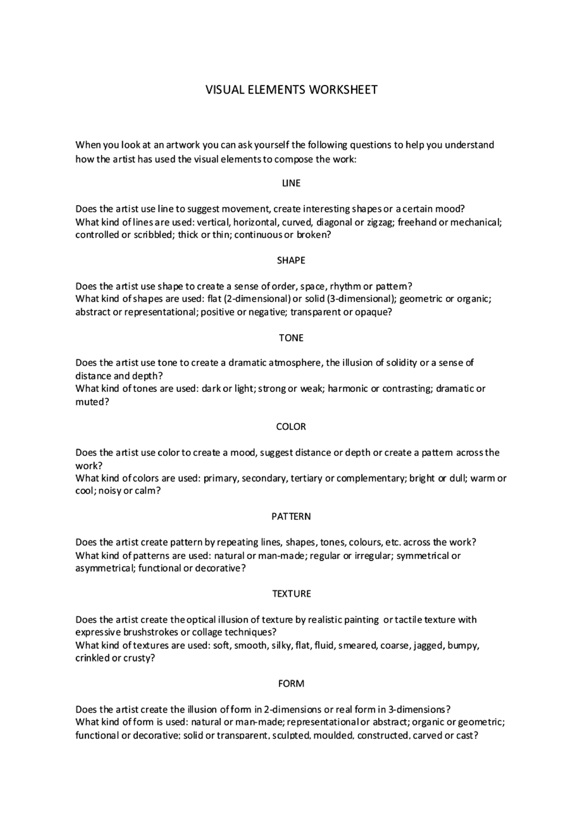 Visual Elements Worksheets for Art Class Activities - Studocu