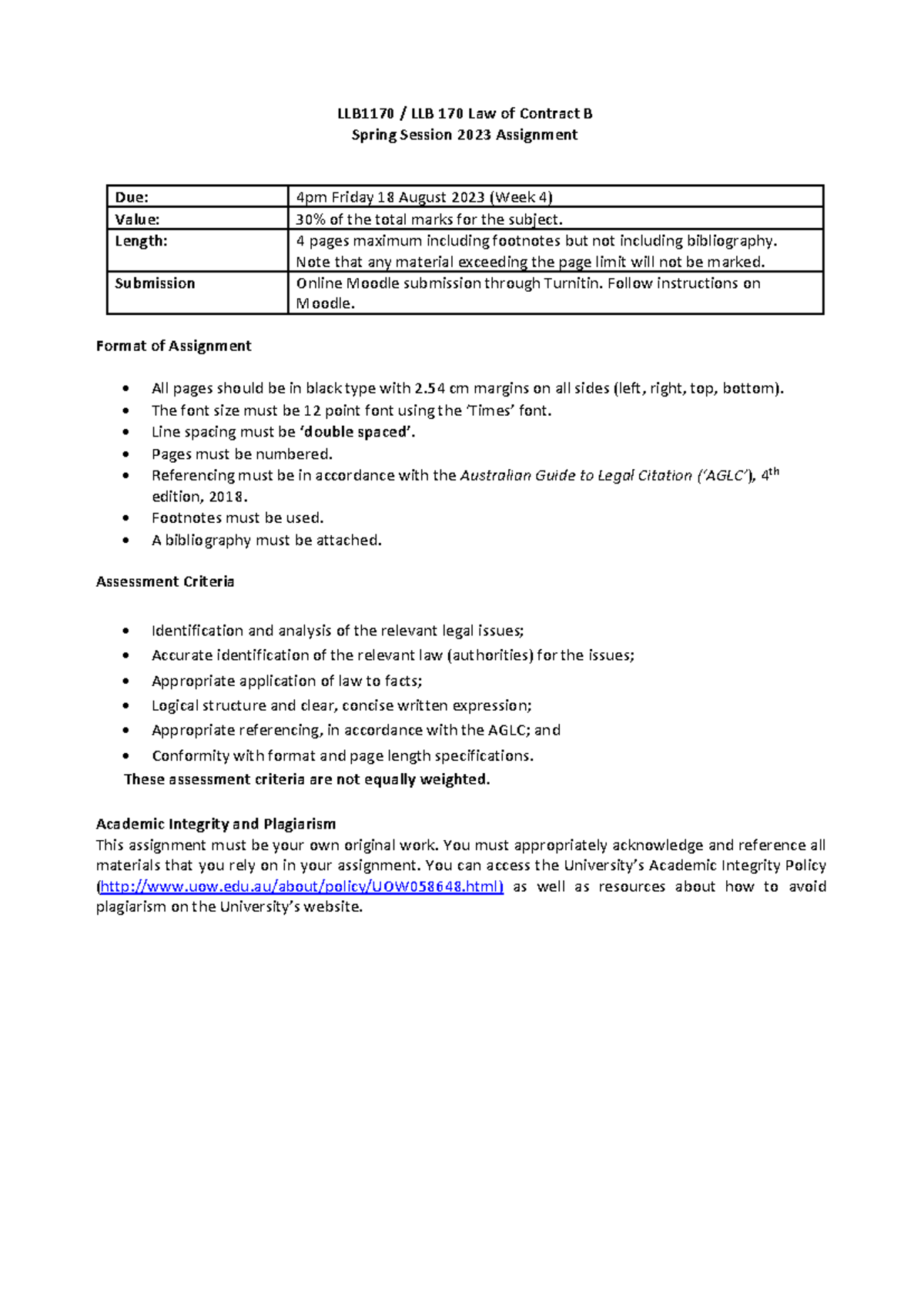 LLB1170 Law of Contract B Spring 2023 Assignment Guidelines - Studocu