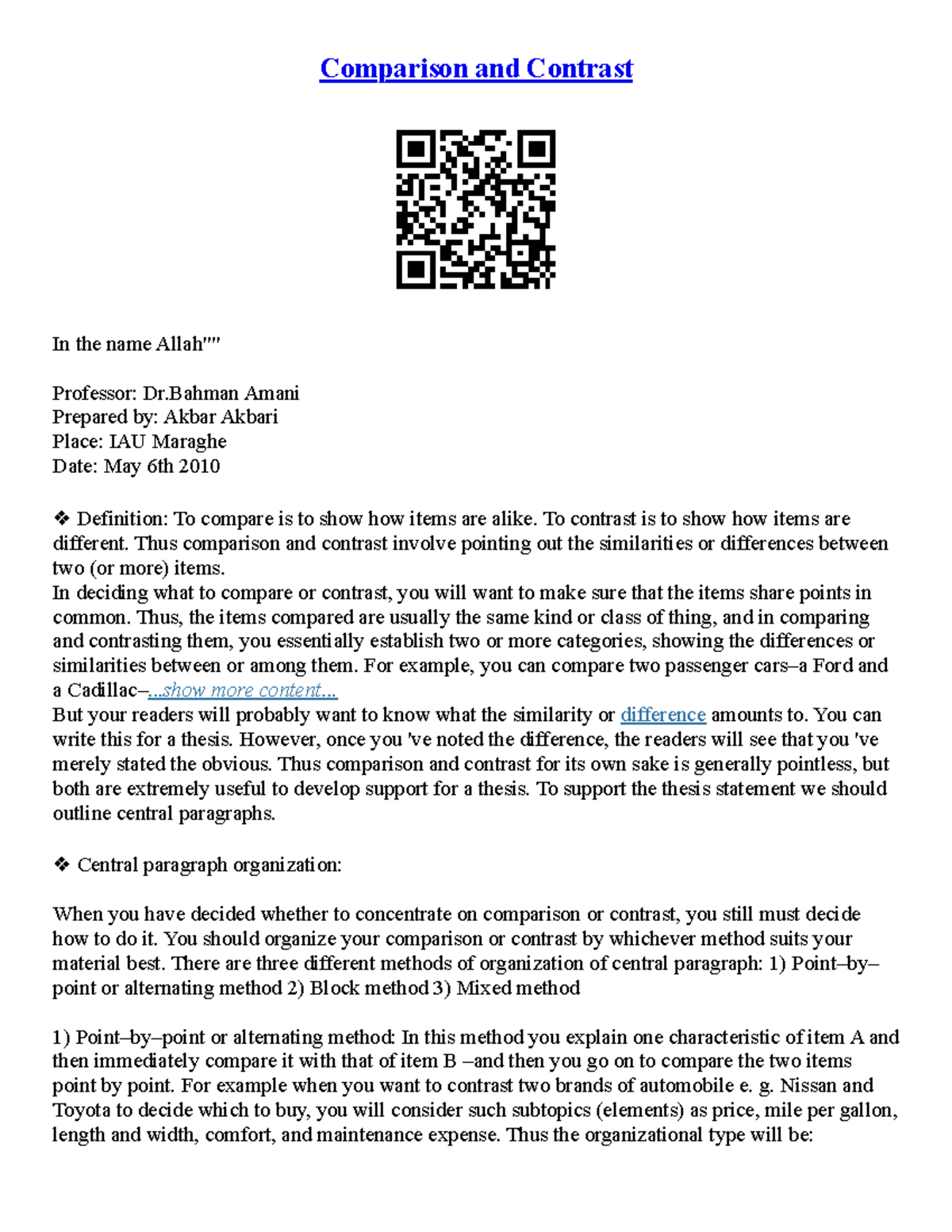 Thesis For Compare And Contrast Essay - Comparison and Contrast In the ...