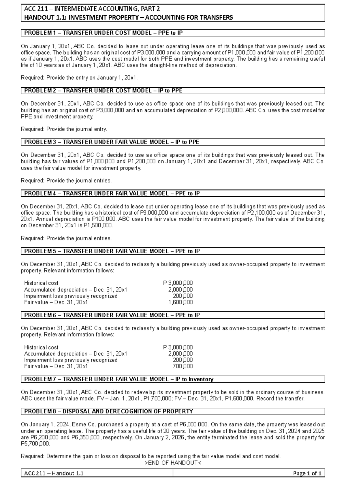 ACC 211 INTERMEDIATE ACCOUNTING: Investment Property Transfers Handout ...