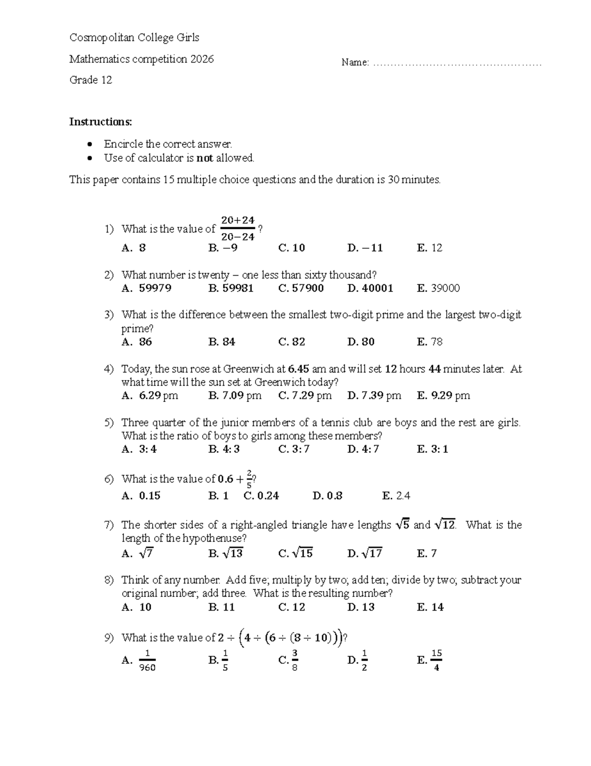 Maths Competition G12 2026: Multiple Choice Questions - Studocu