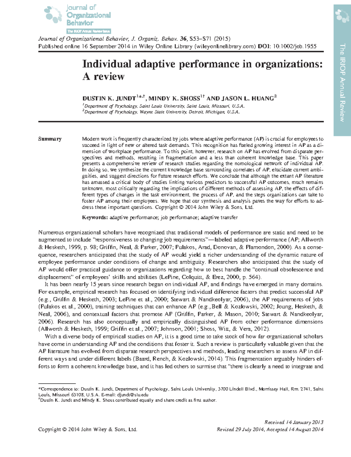 Individual Adaptive Performance Review and Analysis (JSH 2015) - Studocu