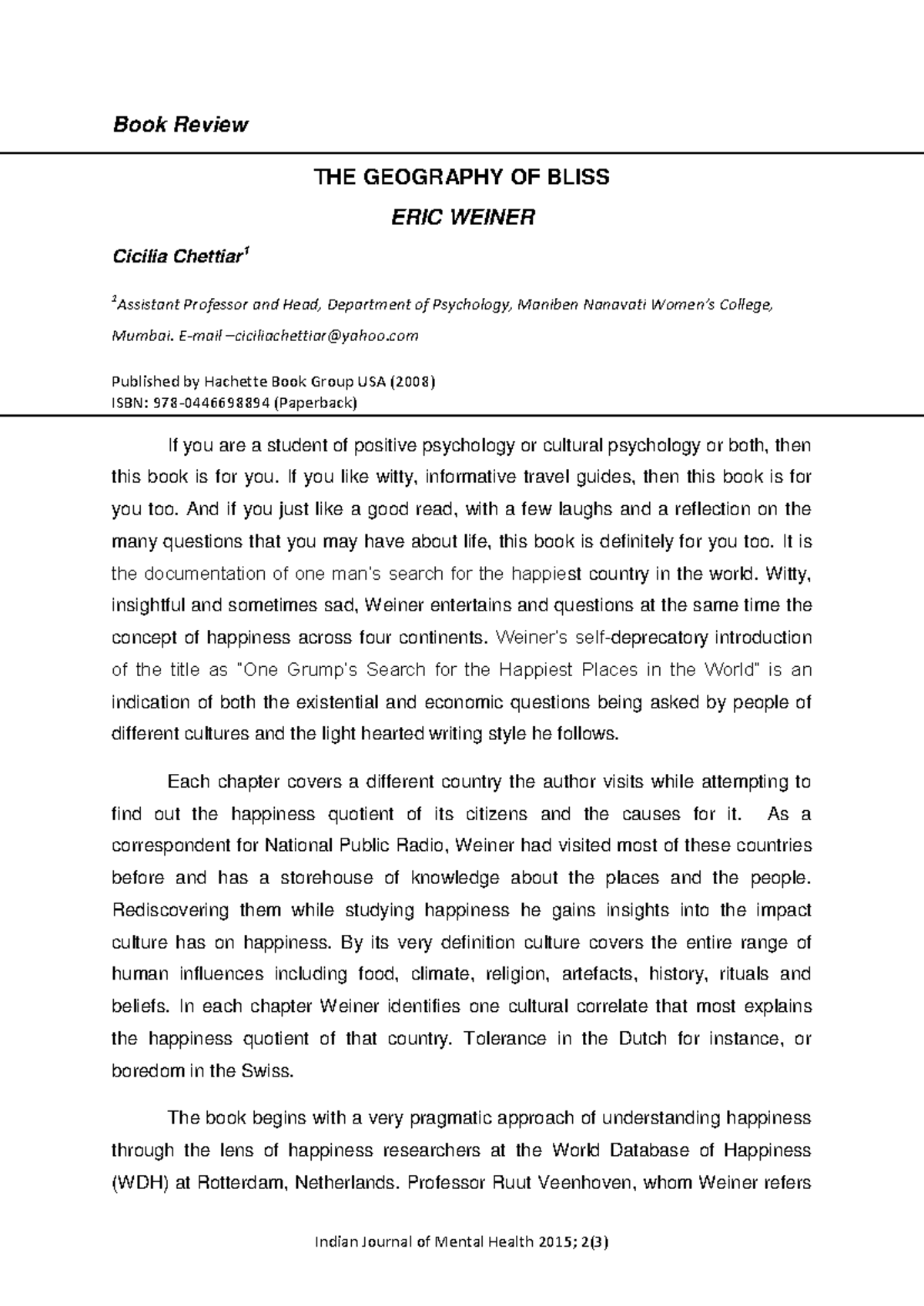 The Geography Of Bliss - Good - Book Review THE GEOGRAPHY OF BLISS ERIC ...
