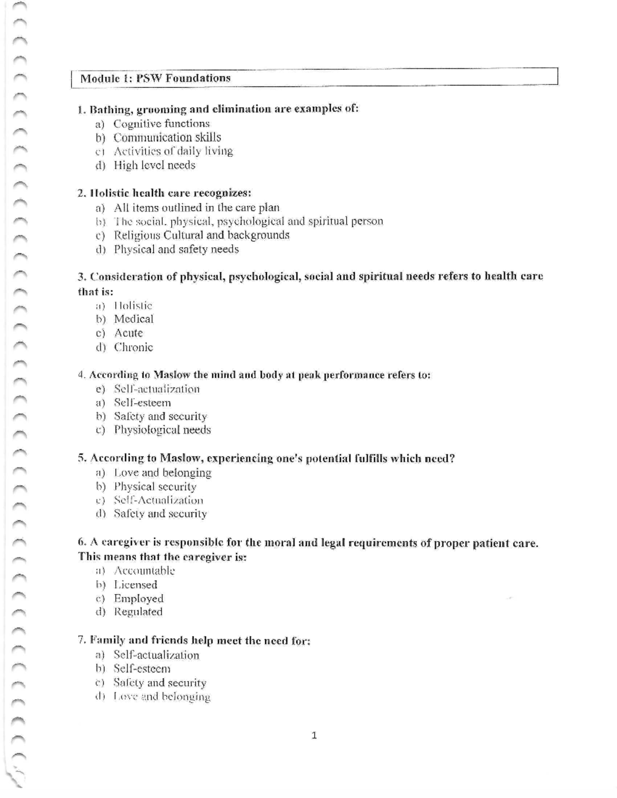 Module 1 & 2: PSW Foundations and Safety & Mobility Study Questions ...